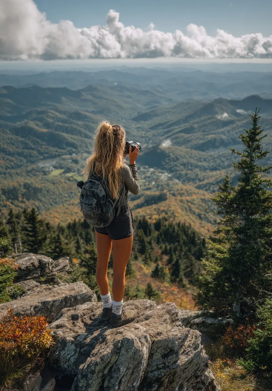 A hiker taking landscape photos with a Sony camera from an Appalachian mountain peak at sunset.