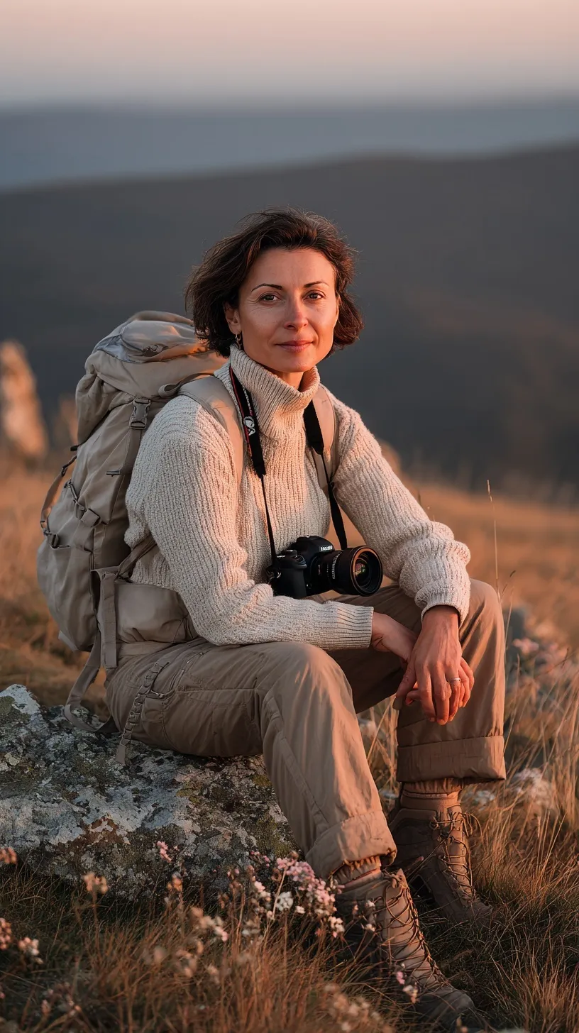 Mature woman photographer taking a break on a mountain trail during golden hour with a trekking backpack.