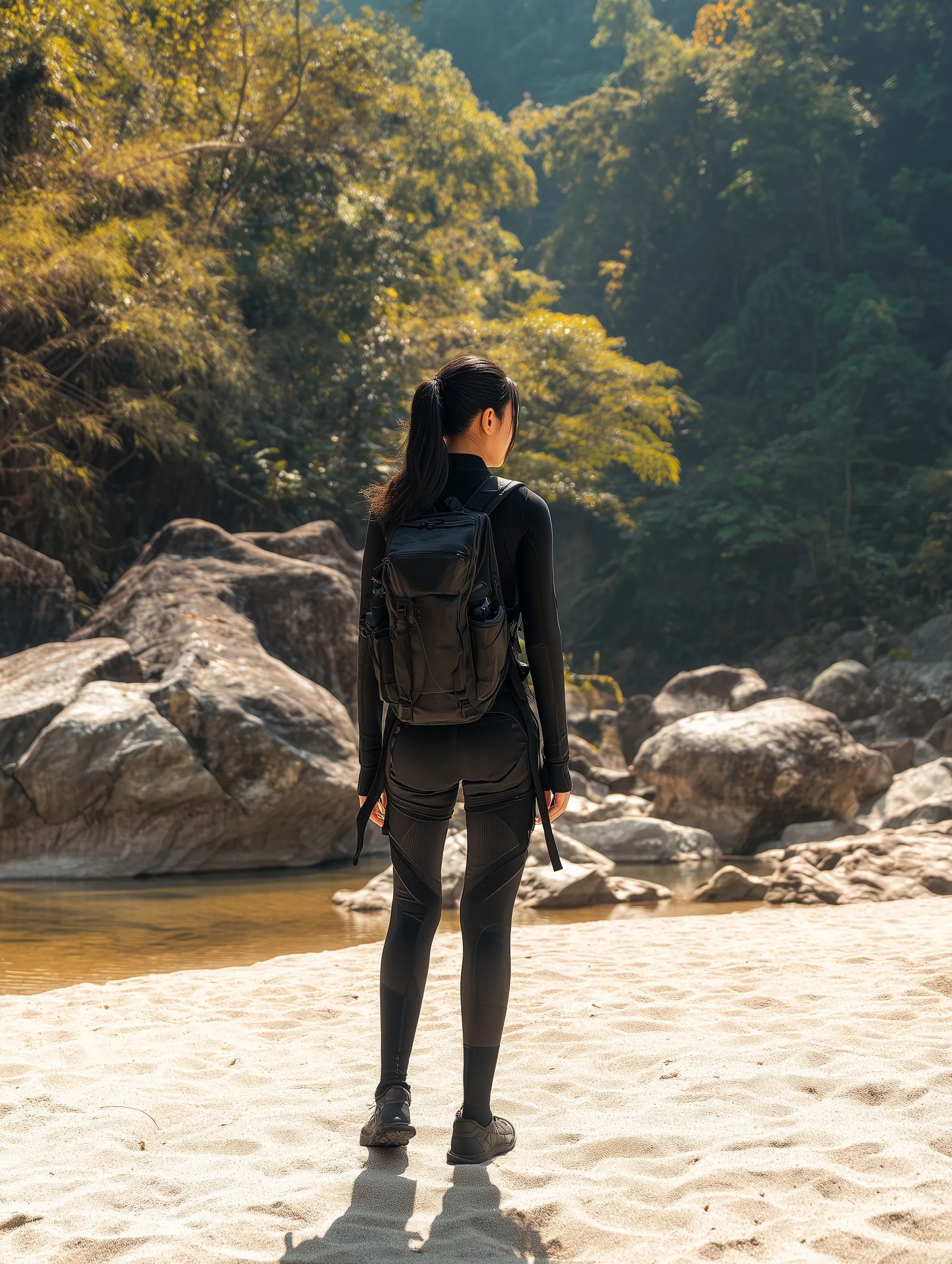 Asian hiker with backpack standing in a sunny Yunnan forest, cinematic documentary style photography.