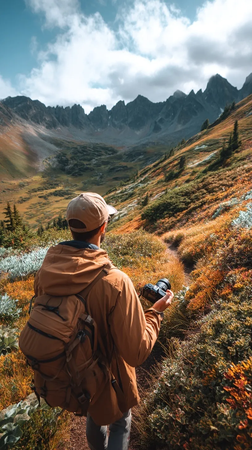 A young man standing on a cliffside trail overlooking dramatic mountain peaks while holding a professional camera.