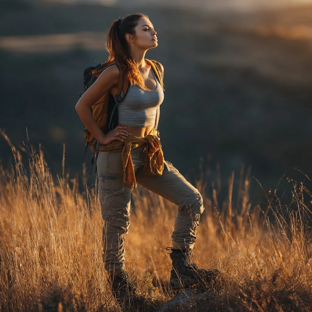 A beautiful slender woman in hiking gear captured in a dynamic dutch angle hiking photography pose.