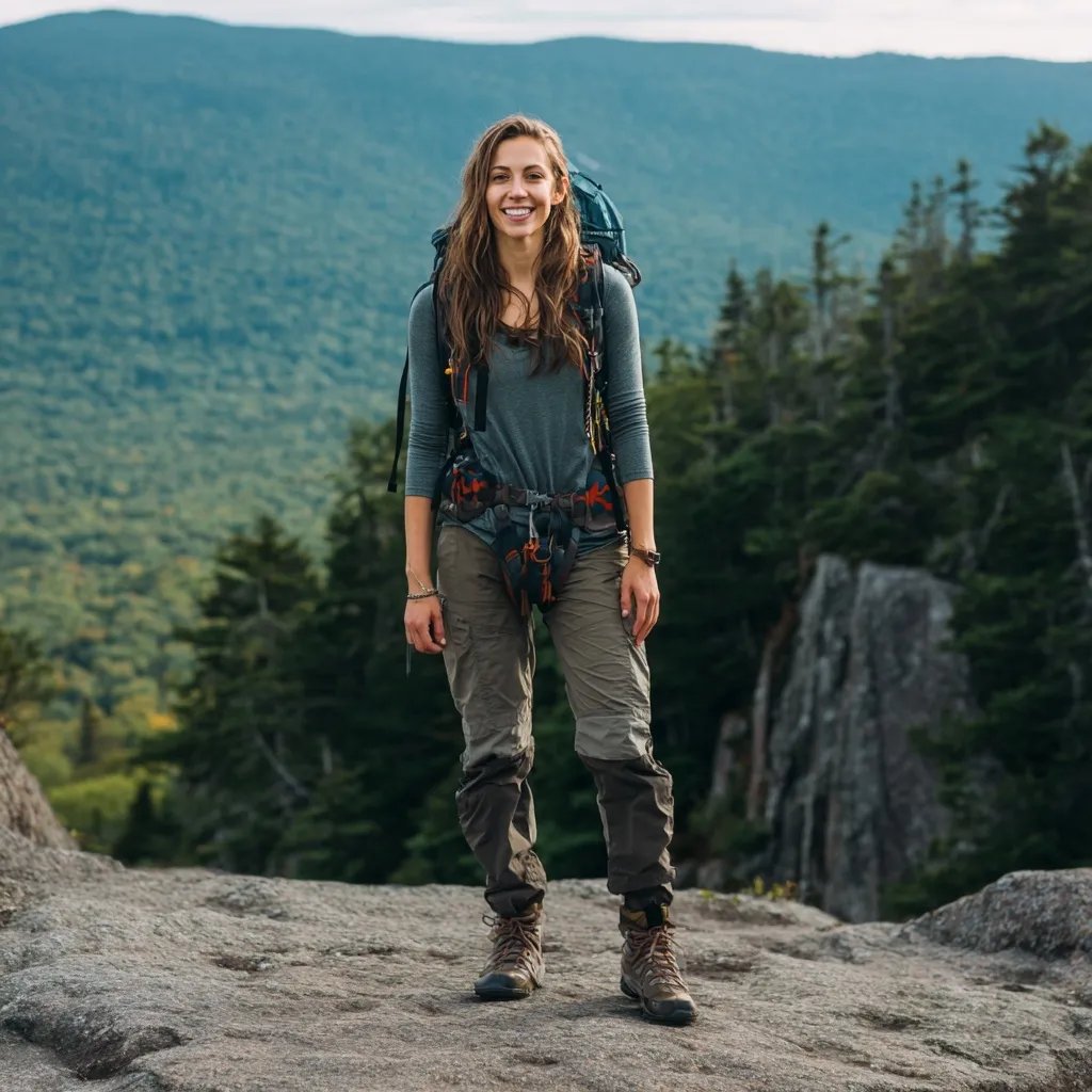 A full-length, high-quality portrait of a woman hiking while facing the camera, perfect for outdoor inspiration.