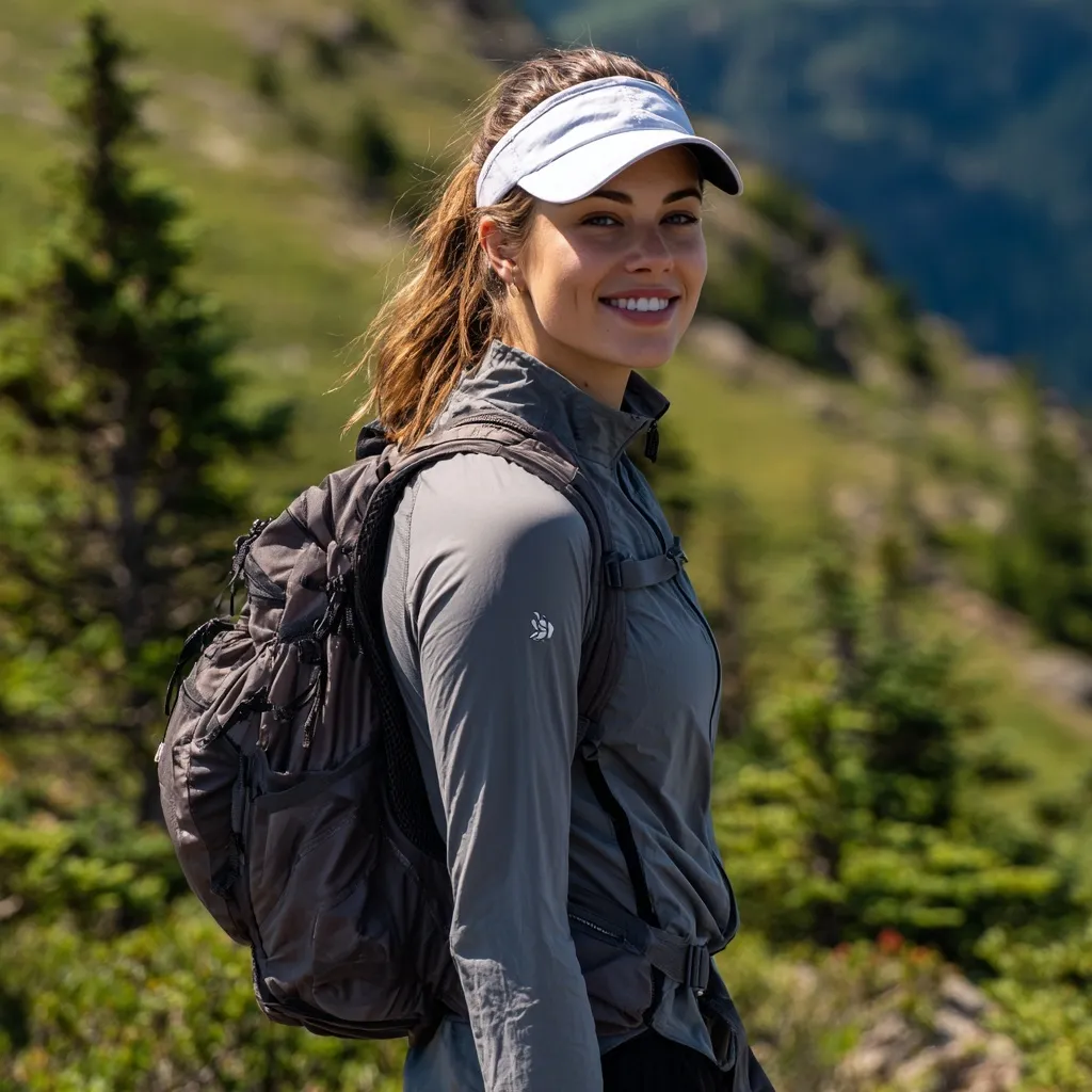 A young woman with a backpack hiking in green mountains, smiling at the camera on a sunny day.