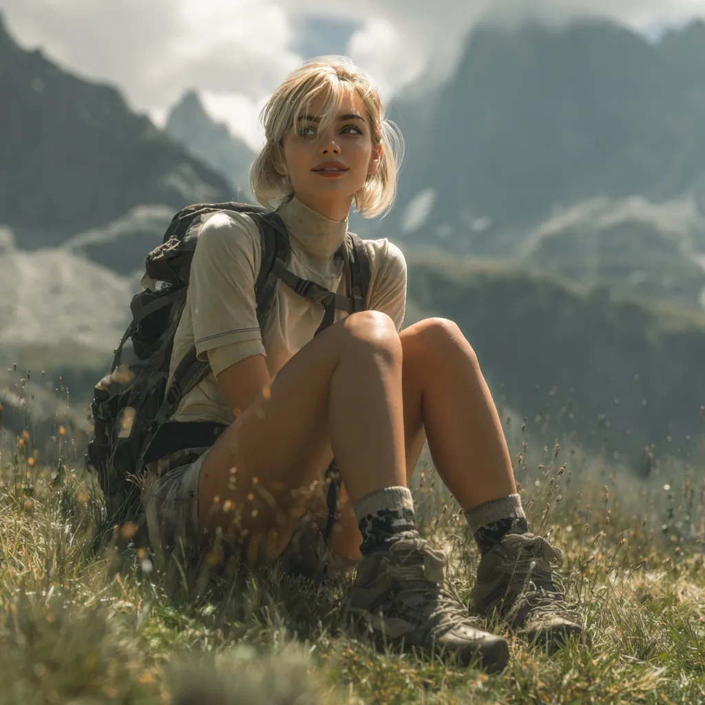 A joyful female hiker with short hair sitting on grass in a scenic mountain landscape during summer.