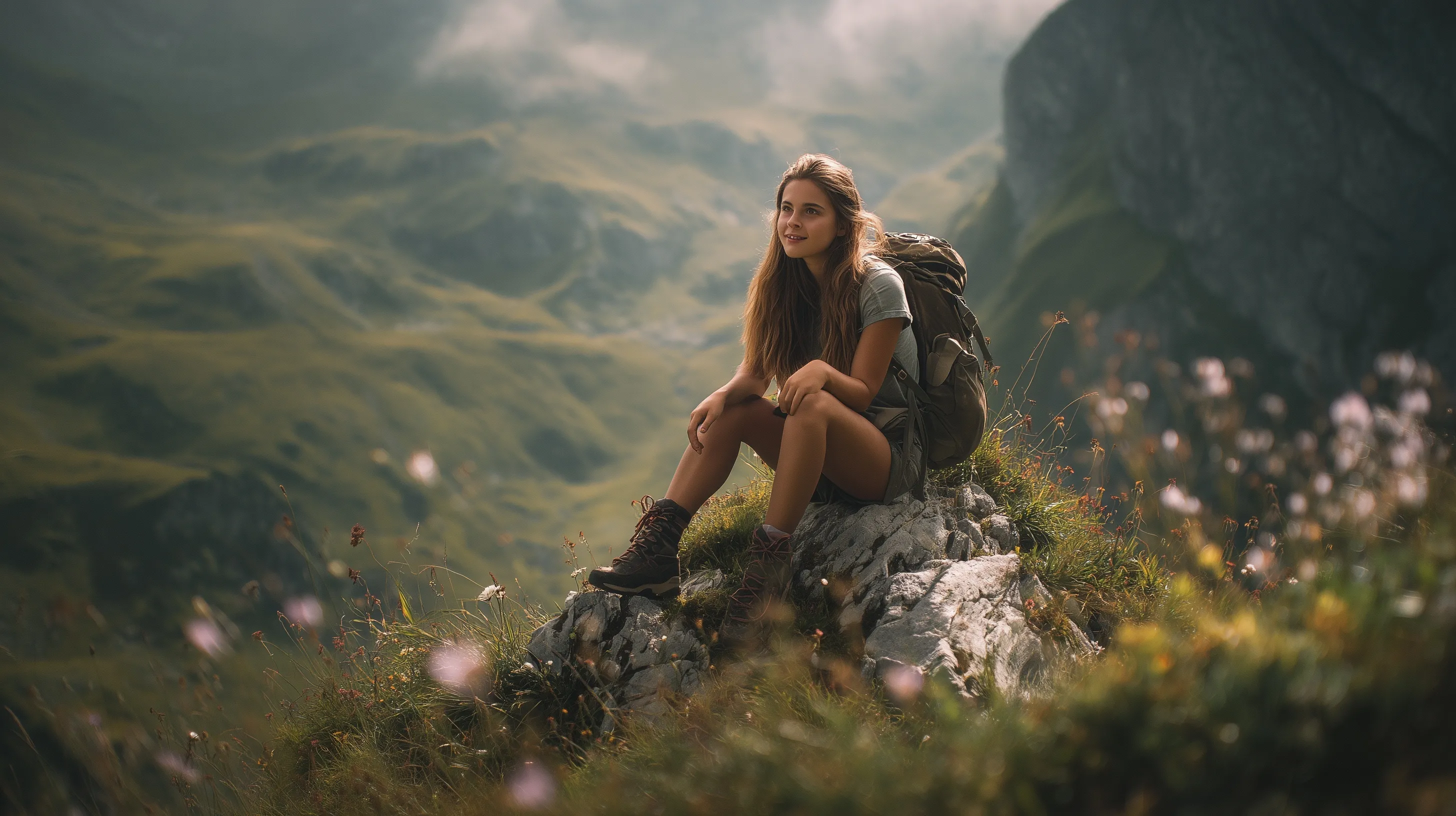 A young woman sitting on an alpine rock wearing hiking gear in a scenic mountain meadow with soft bokeh lighting.