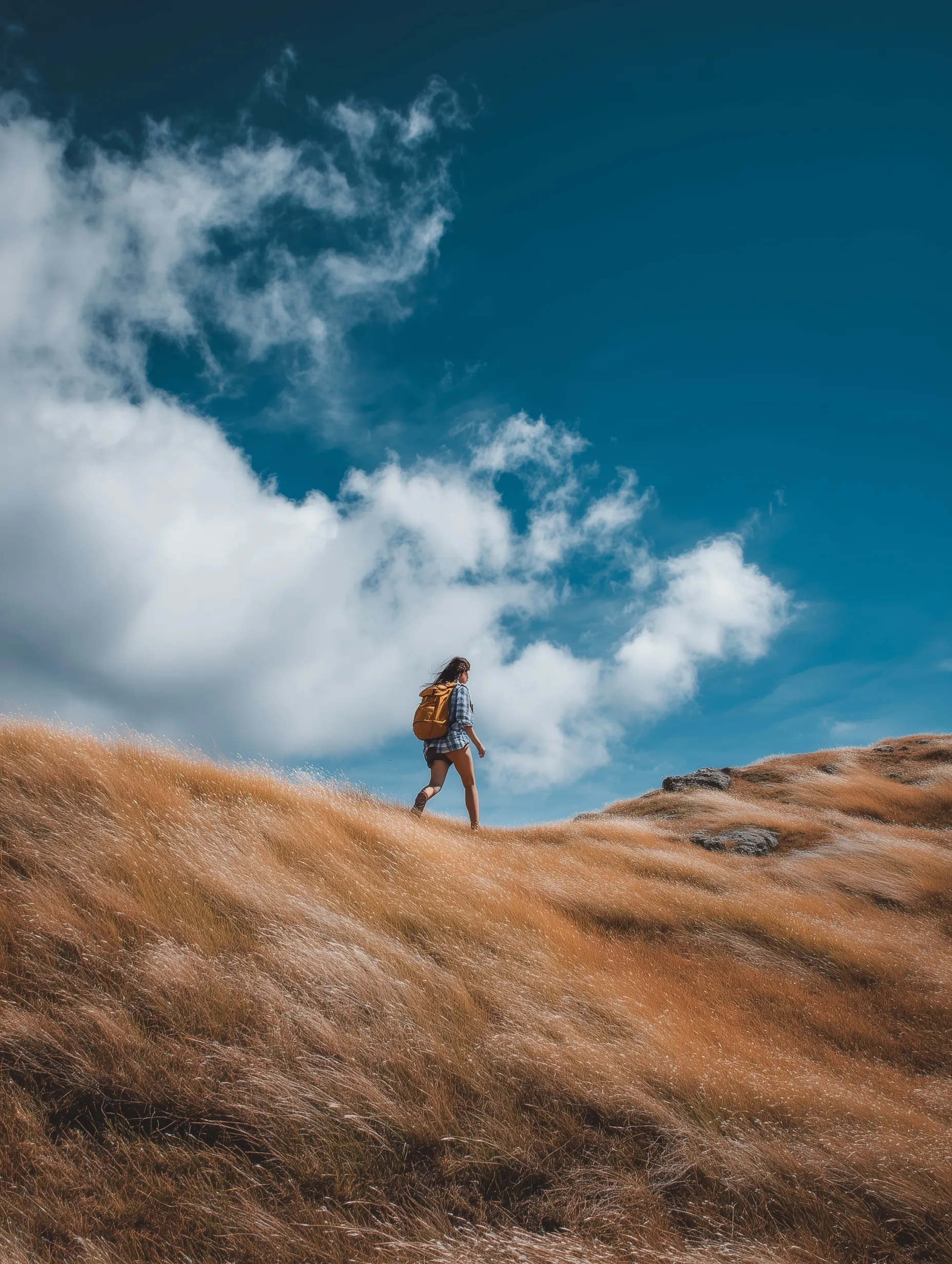 A girl with an outdoor backpack running on a grassy hillside under a blue sky for hiking photography inspiration.