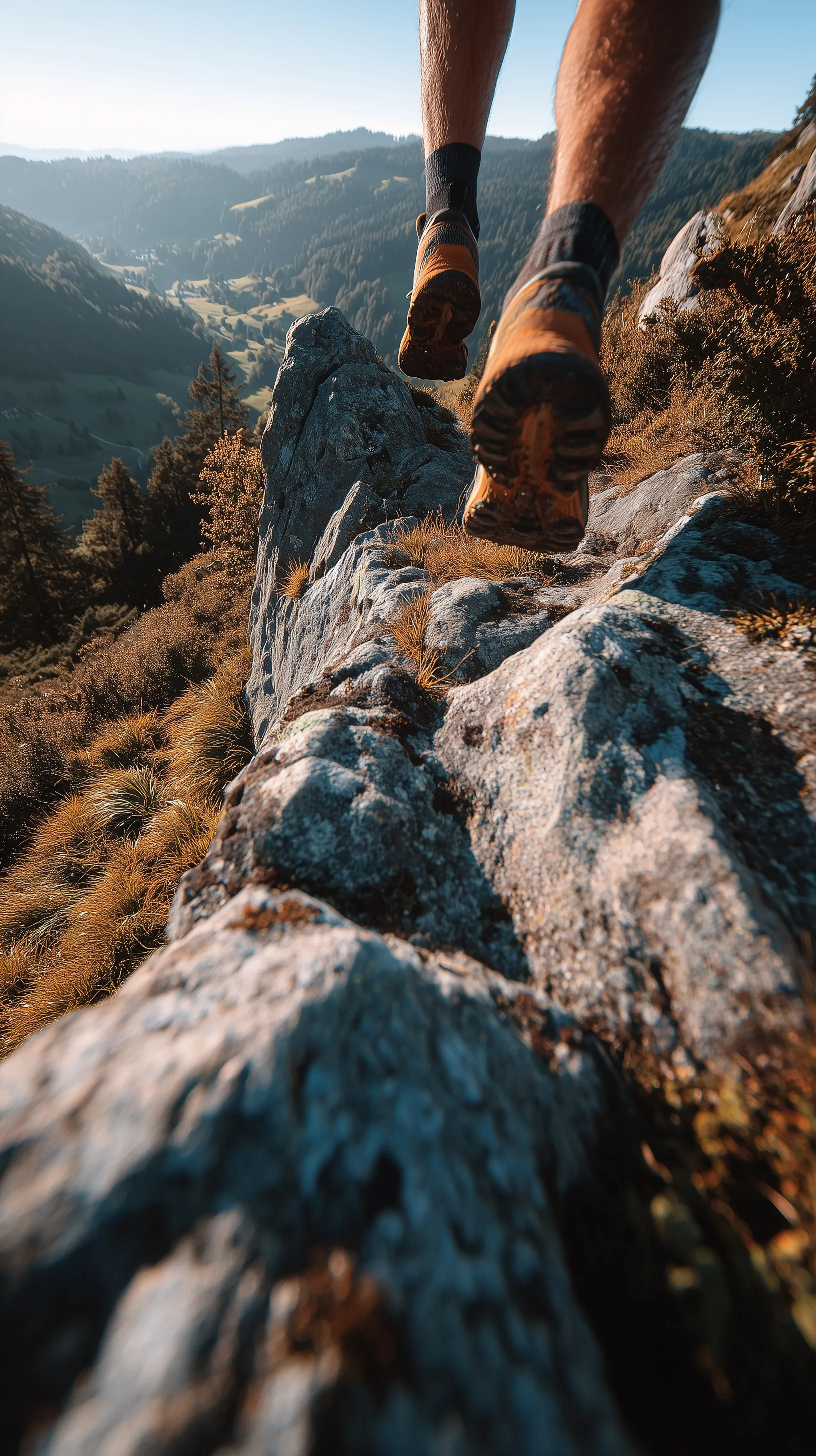 Trail runner feet mid-air sprinting up a steep mountain trail, capturing dynamic movement and hiking inspiration.