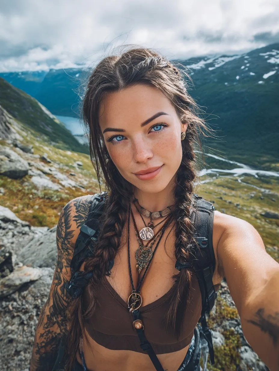 A fit woman with braided hair and tattoos taking a mountain selfie while hiking in Norway.