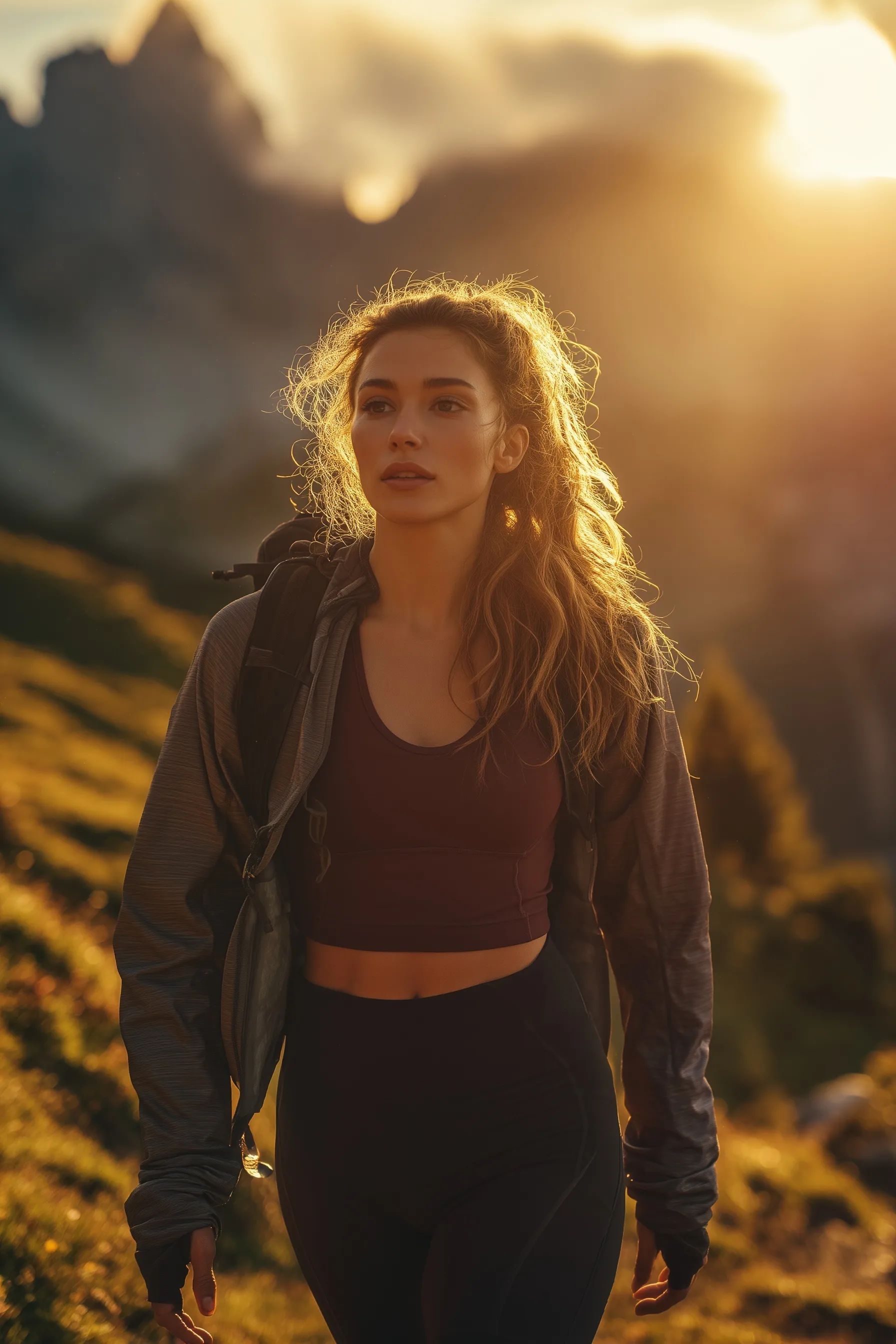 Athletic woman hiking a mountain trail at sunrise with golden light, wearing sportswear and a backpack.