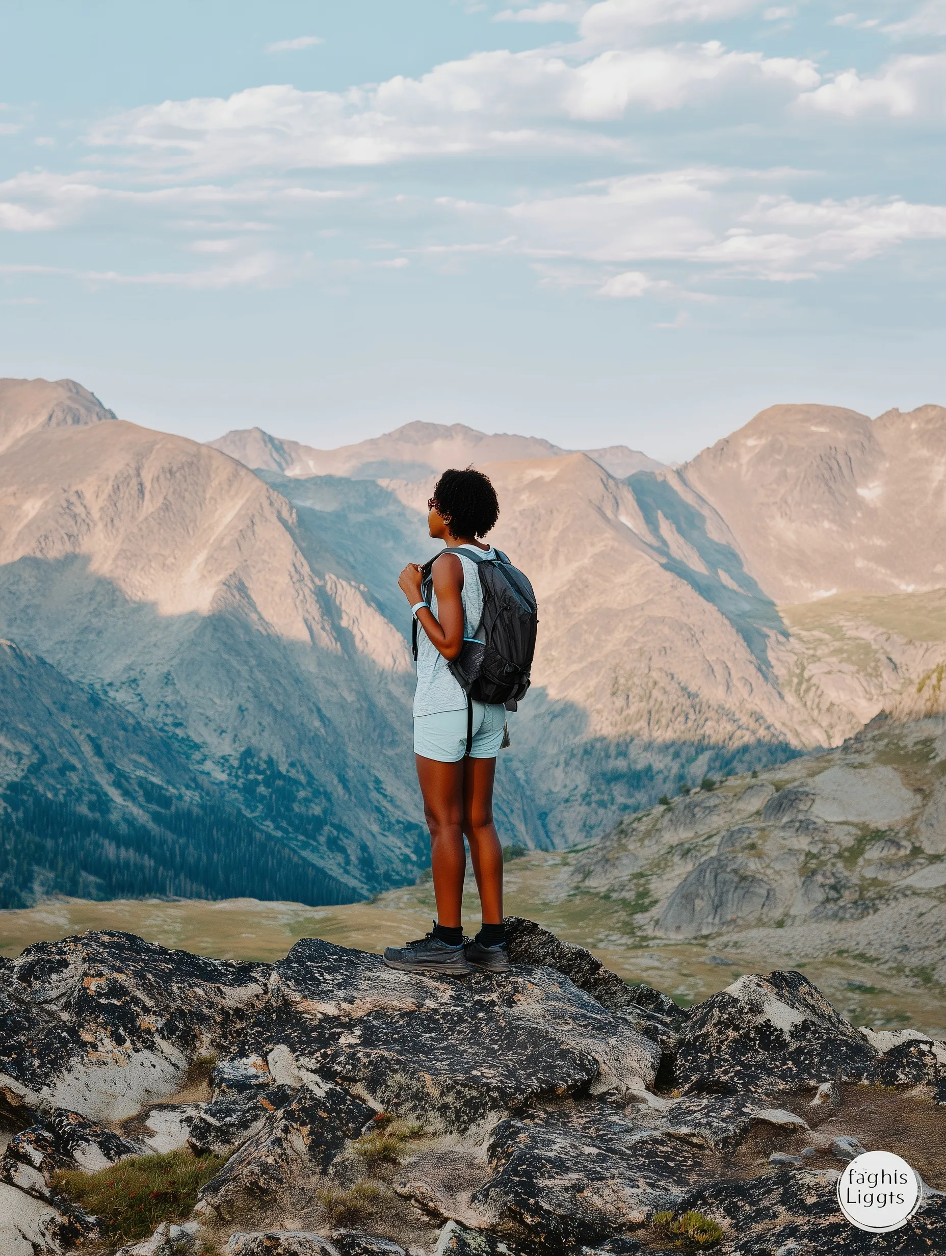 Person of color hiking across a mountain traverse, symbolizing travel light and adventurous outdoor freedom.