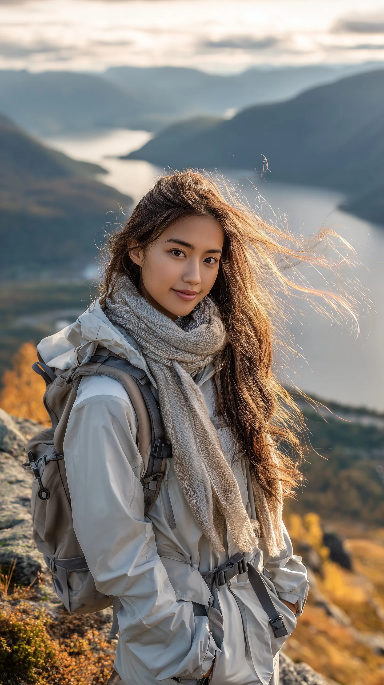 Teenage Asian girl in hiking gear posing on a mountain cliff overlooking a Norwegian fjord during autumn.