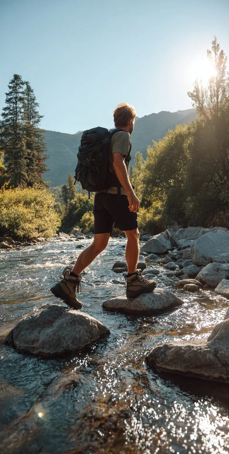 A man in hiking gear walking on river rocks with a backpack, surrounded by trees and mountains on a sunny day.