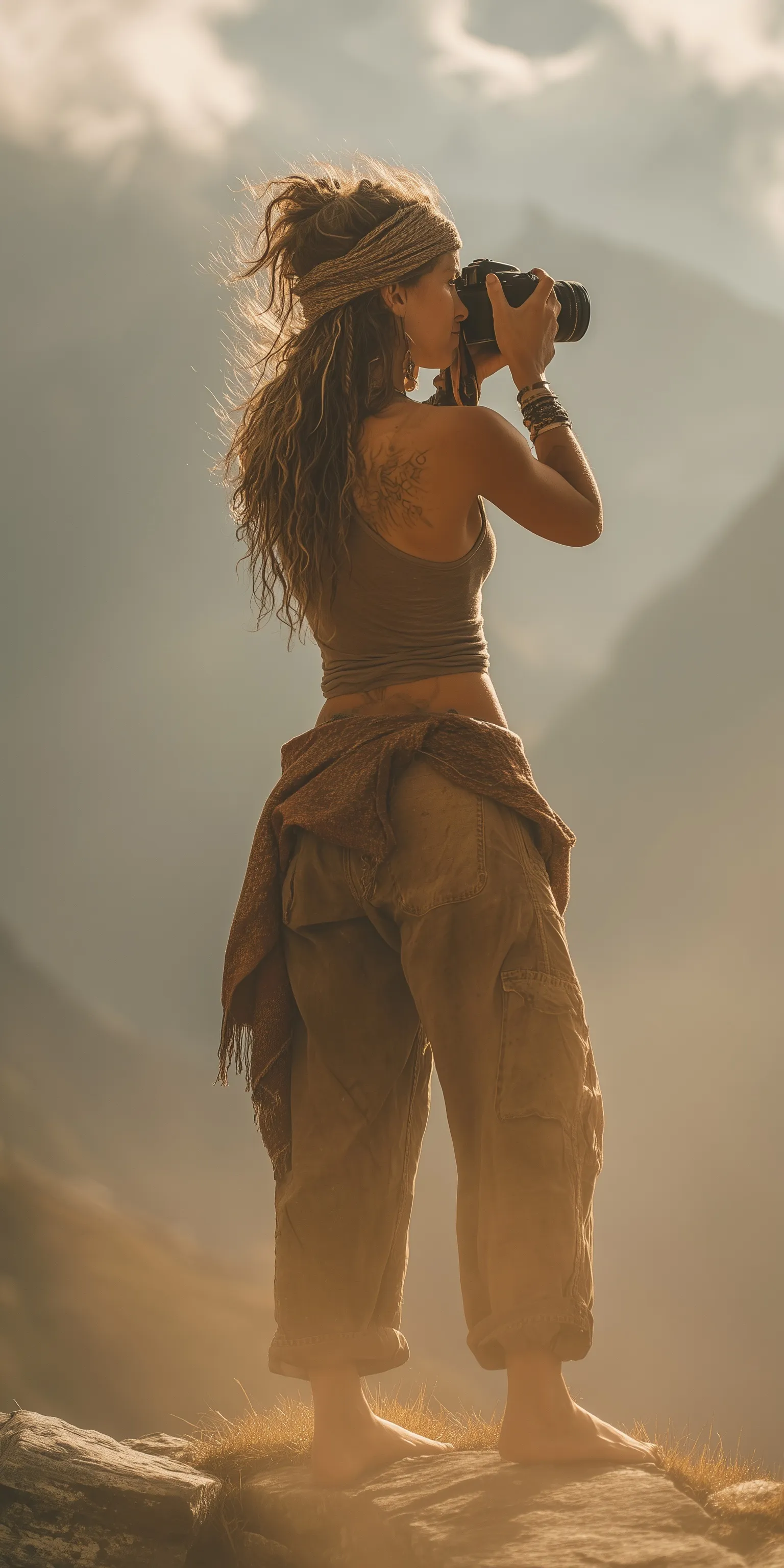 A woman in a hiking headband takes photos of mountain peaks from a ridge in cinematic golden hour light.