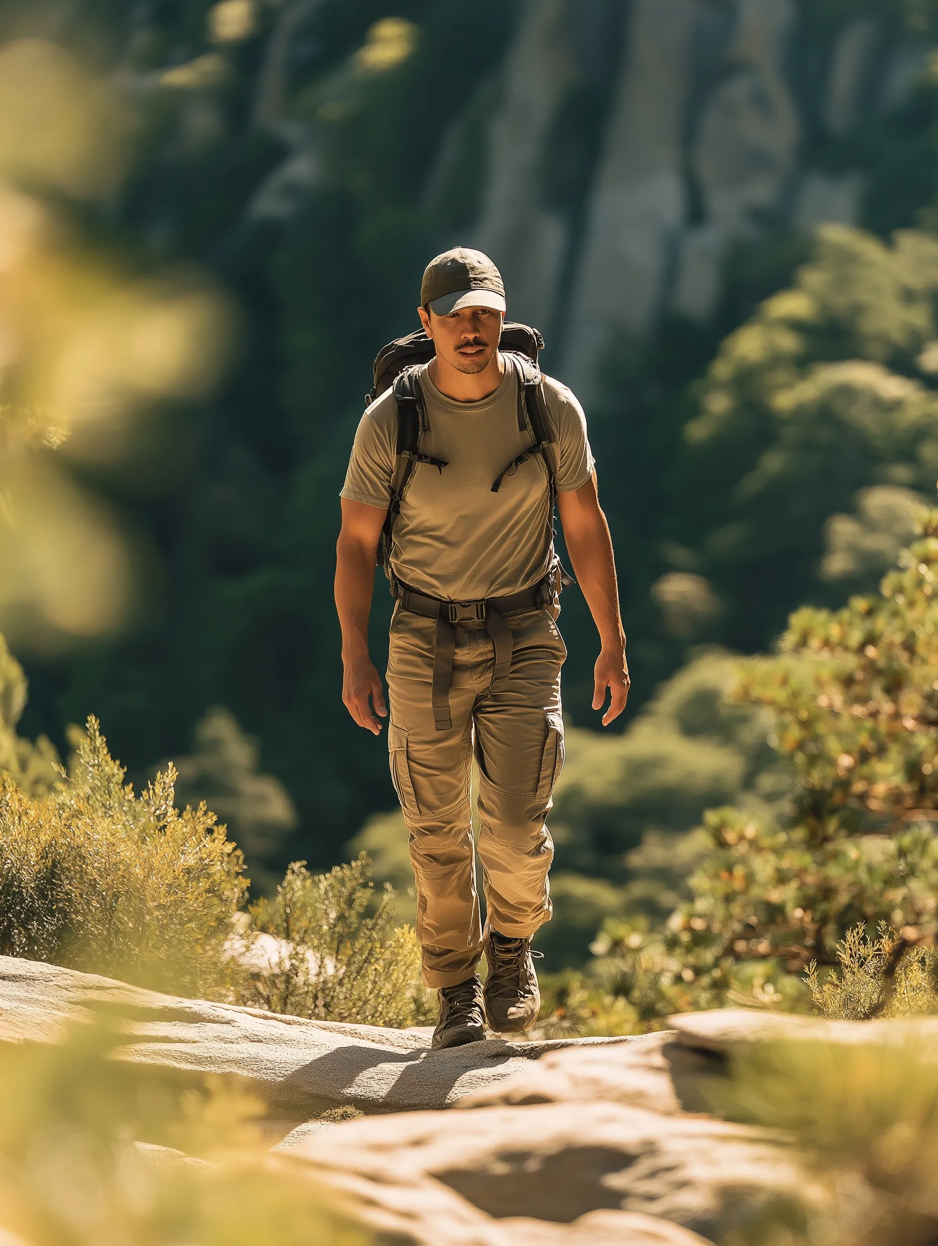 Adult male hiker walking on a rocky mountain trail during a hot summer day, wearing technical hiking gear.