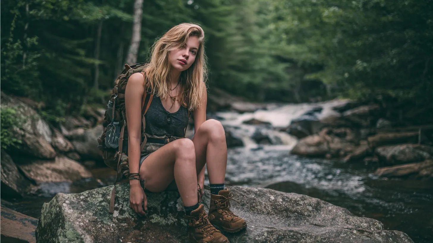 A 20-year-old woman sitting on a rock on a hiking trail looking at the camera for outdoor photography inspiration.