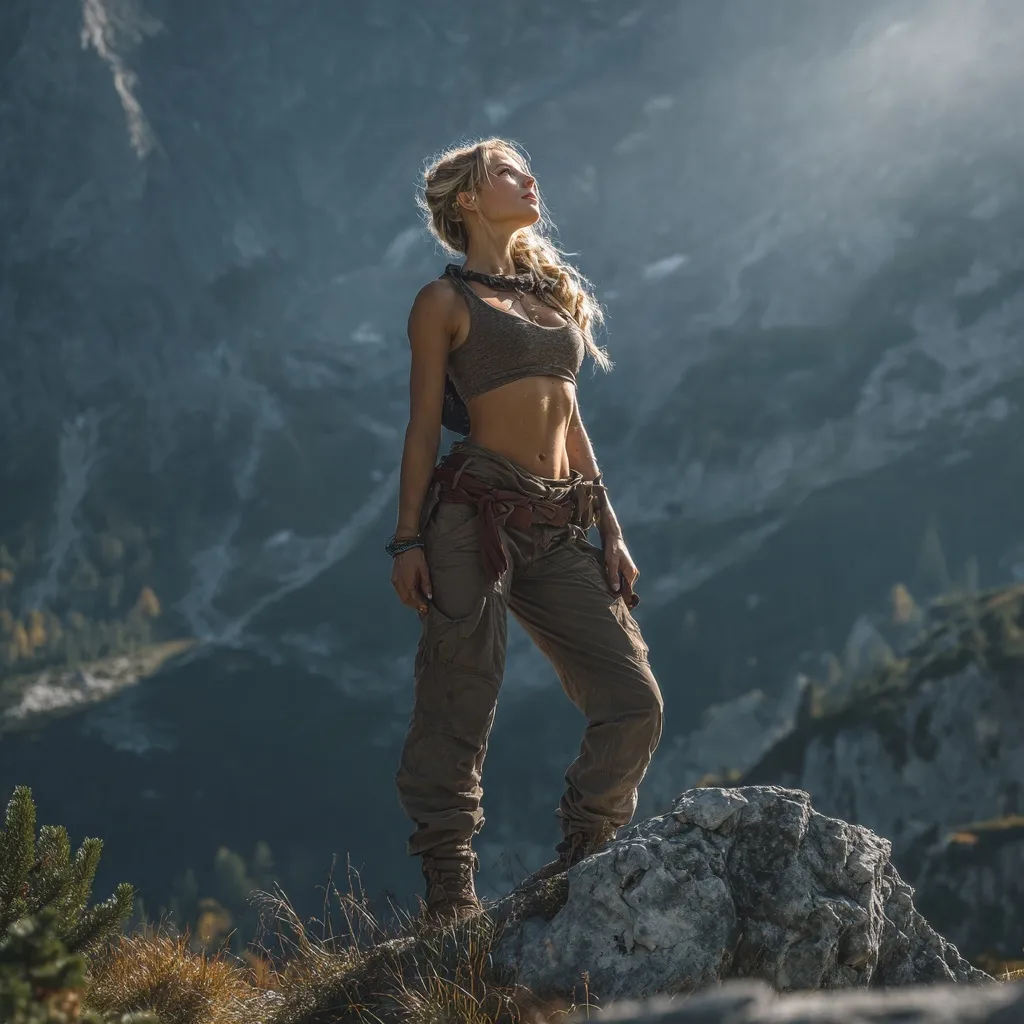 A hiker standing proudly with arms raised at a mountain summit during soft morning light, hyper-realistic photo.