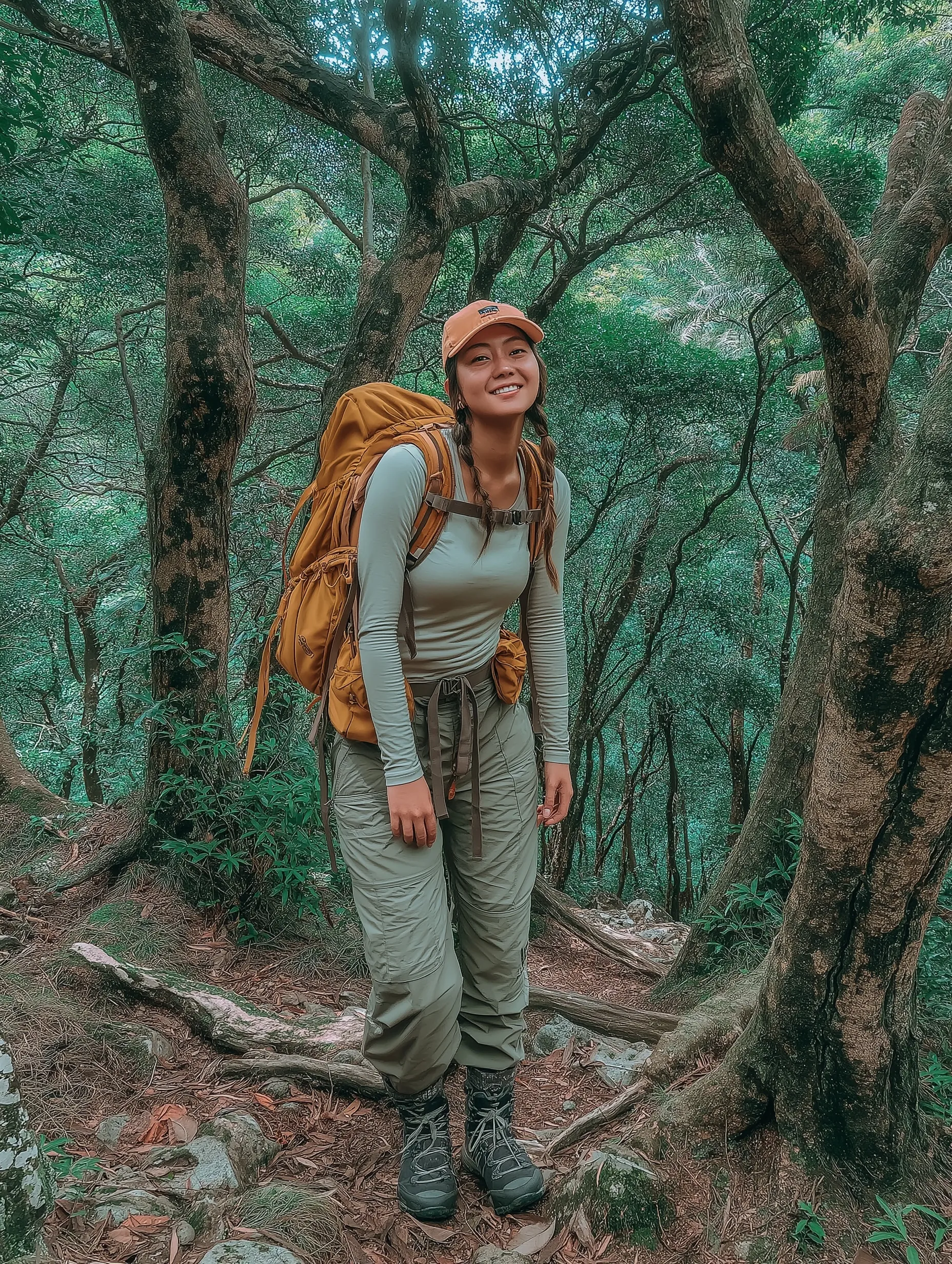 A young woman trekking in the lush Yanbaru forest, Okinawa, wearing outdoor hiking gear and a backpack.