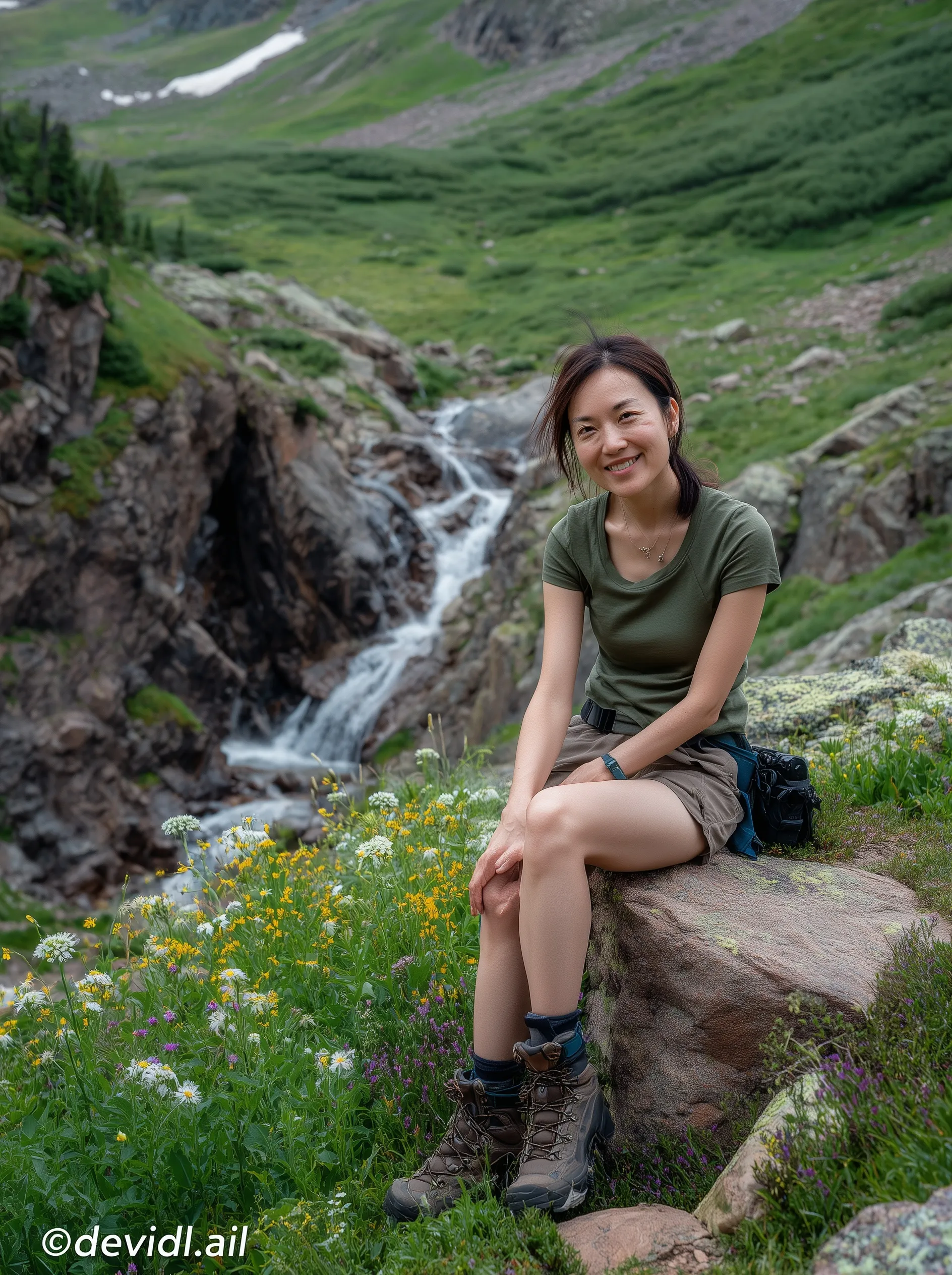 Japanese woman hiking in an alpine valley with waterfalls and wildflowers, wearing outdoor gear and posing for photos.