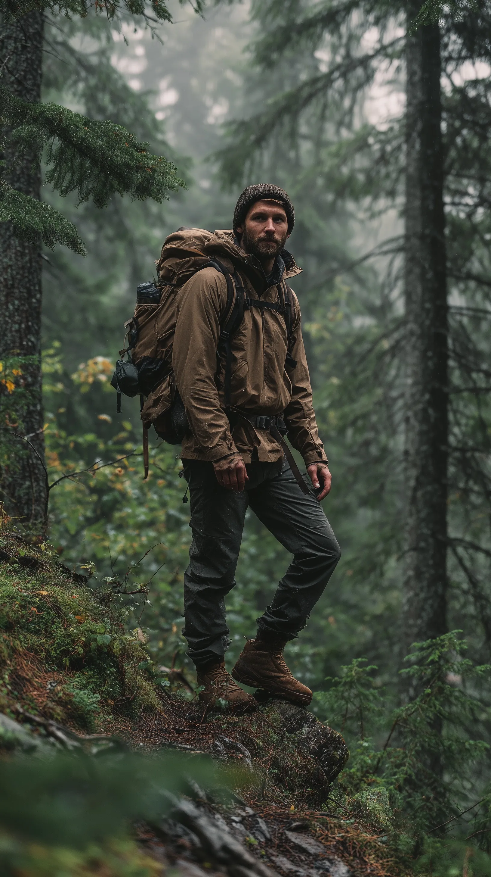 A young man hiking on a misty mountain trail, professional ranger-style photography pose, forest background.
