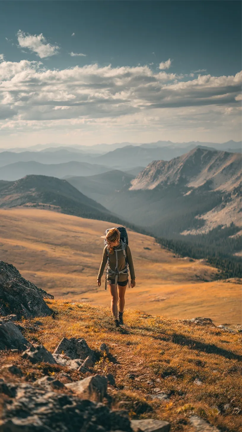 Asian female hiker walking across a mountain ridge in a cinematic, athletic pose for outdoor travel inspiration.