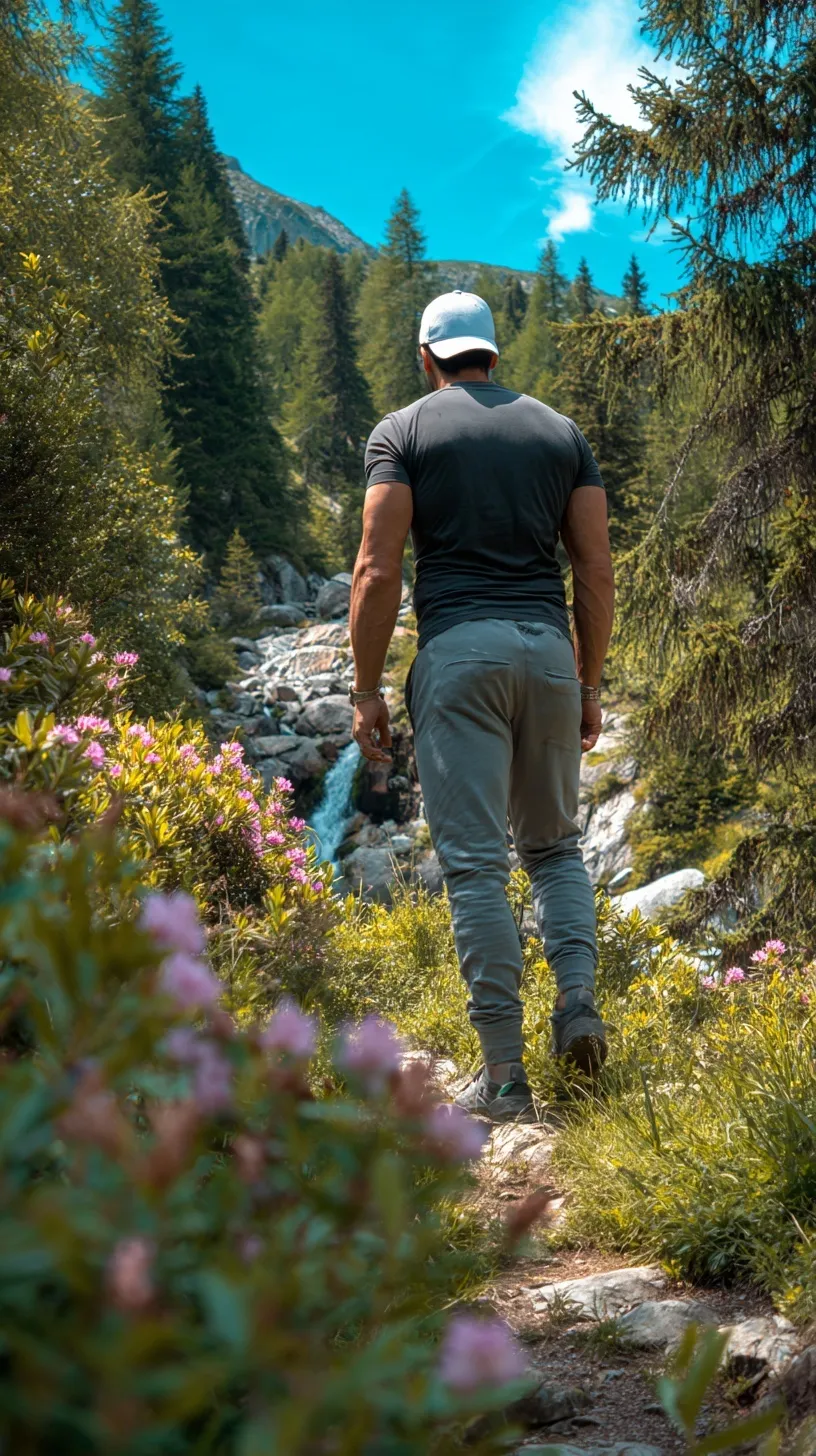 Athletic man in hiking gear walking uphill in the Italian mountains looking at the sky on a sunny day.