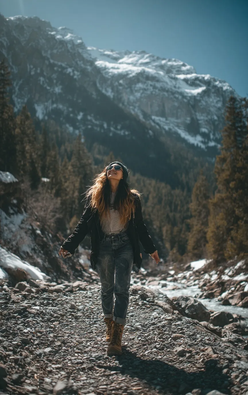 A hiker posing on a snow-covered mountain peak in China with professional cinematic lighting and composition.