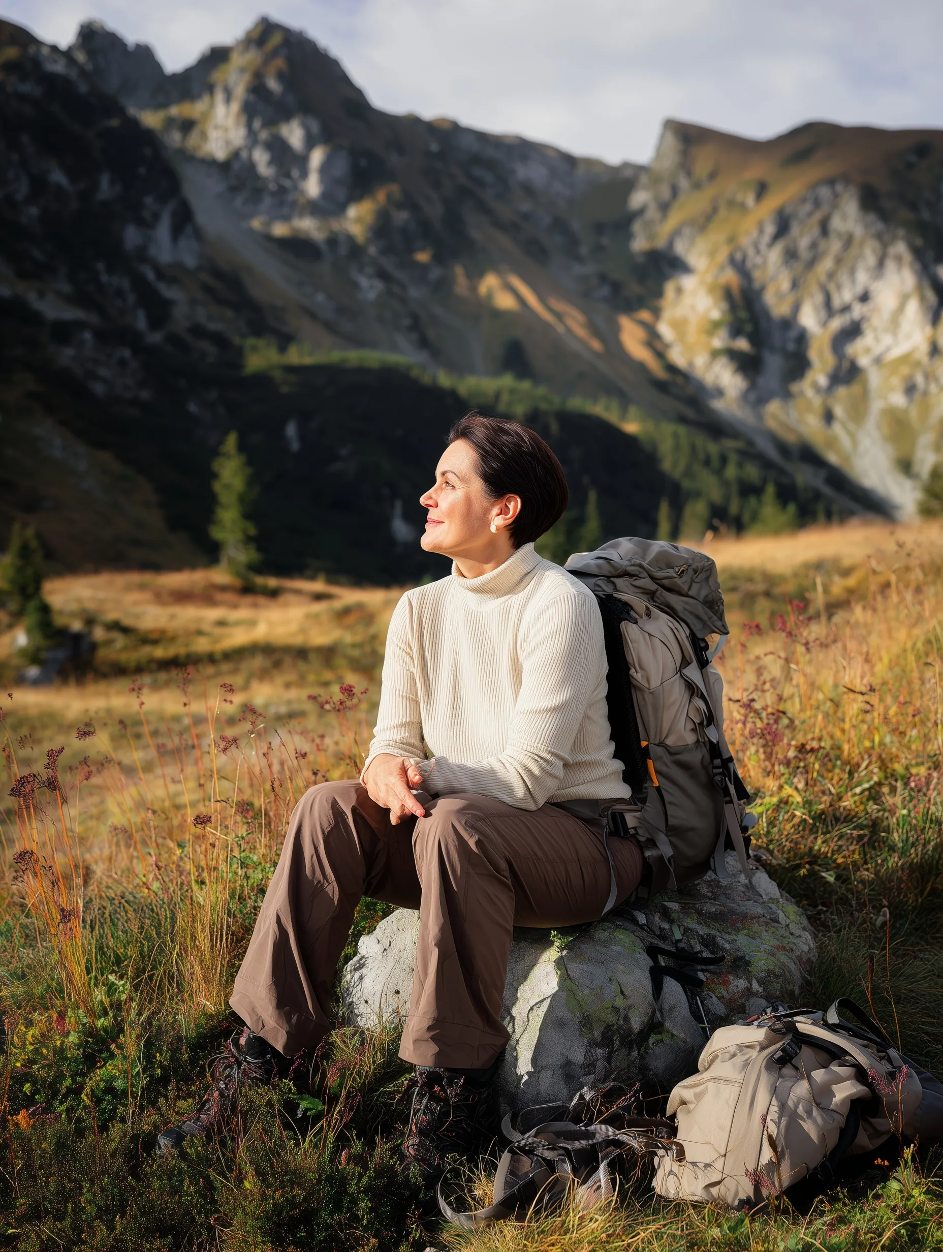 A 45-year-old woman in hiking gear resting on a mountain during an autumn trek with a backpack and wildflowers.