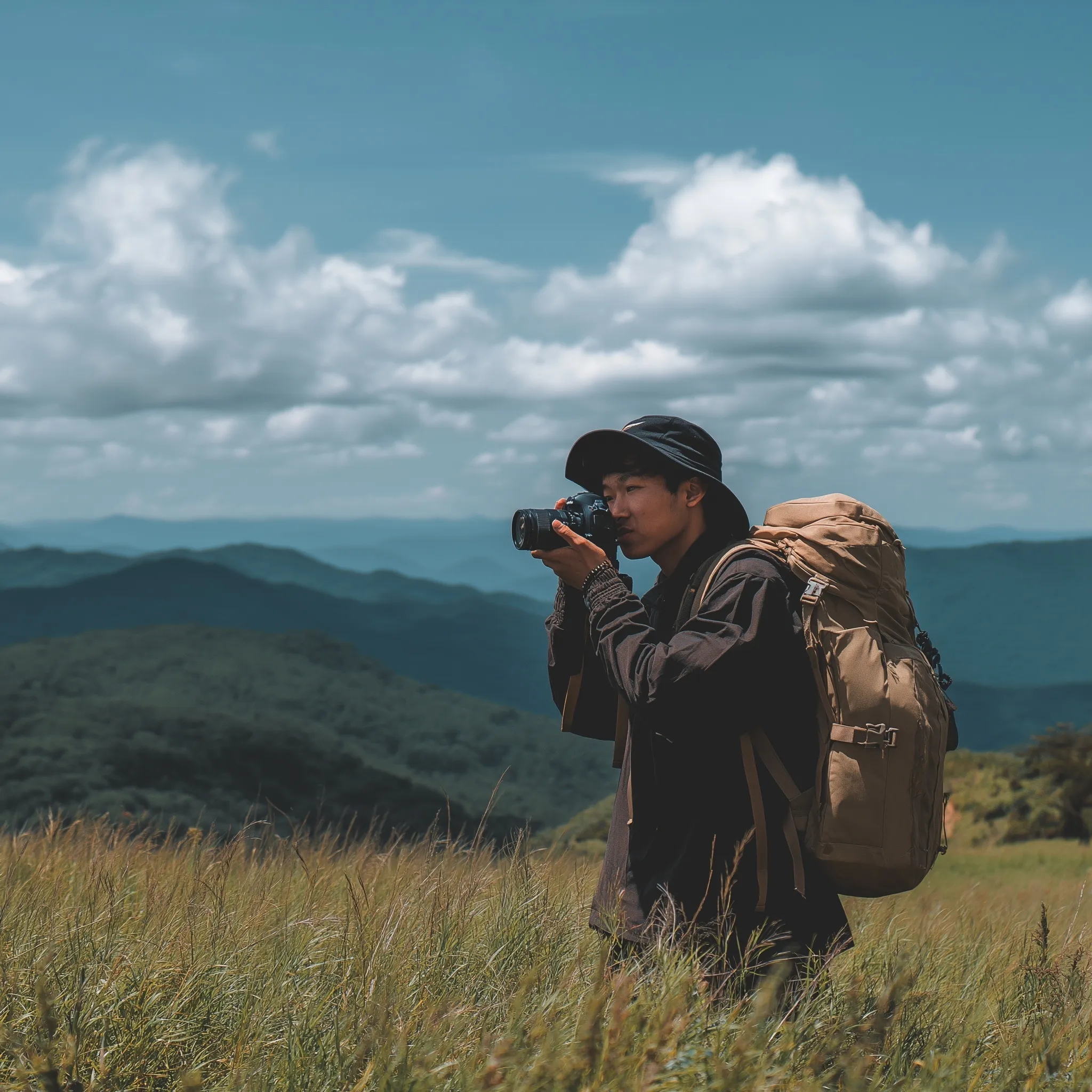 Young Asian male hiker in a brown jacket photographing mountain landscapes with a DSLR camera in a grassy field.