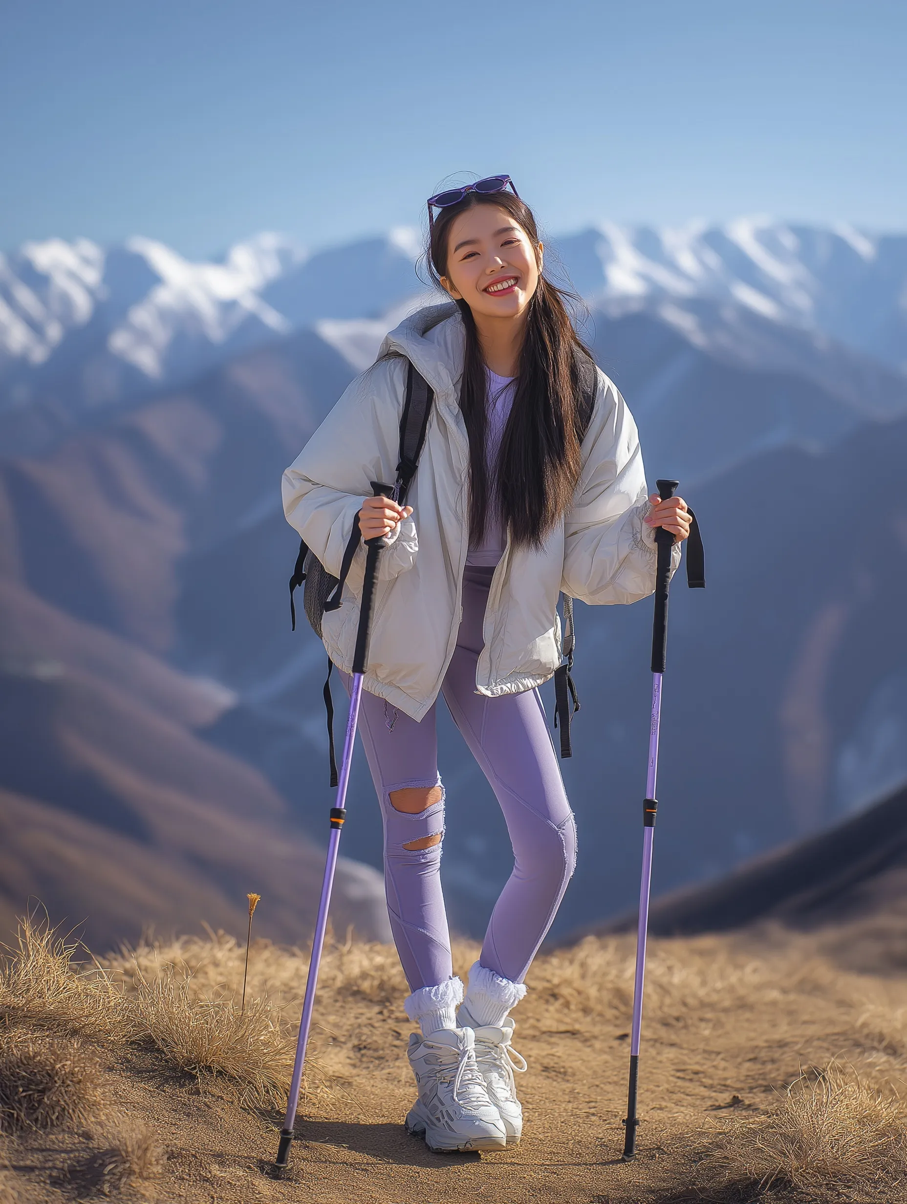 A smiling 20-year-old Korean hiker in outdoor gear with walking sticks on a scenic mountain trail.