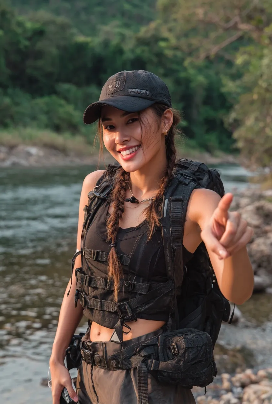 Asian woman hiking by a river posing for a social media video wearing a backpack and utility vest.