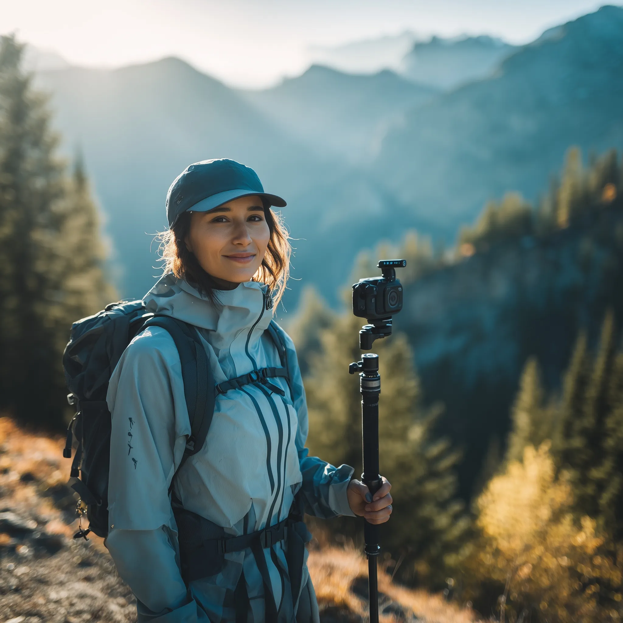 A hiker recording video with a gimbal on a mountain trail surrounded by scenic pine forests at golden hour.
