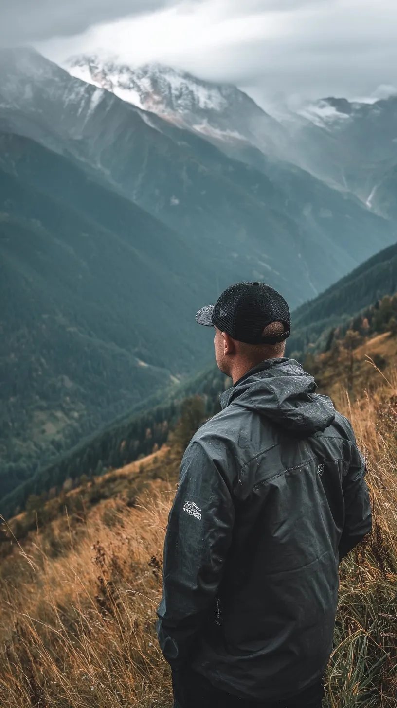 A male hiker in a hoodie stands looking at snow-capped mountains and green hills for travel photography inspiration.