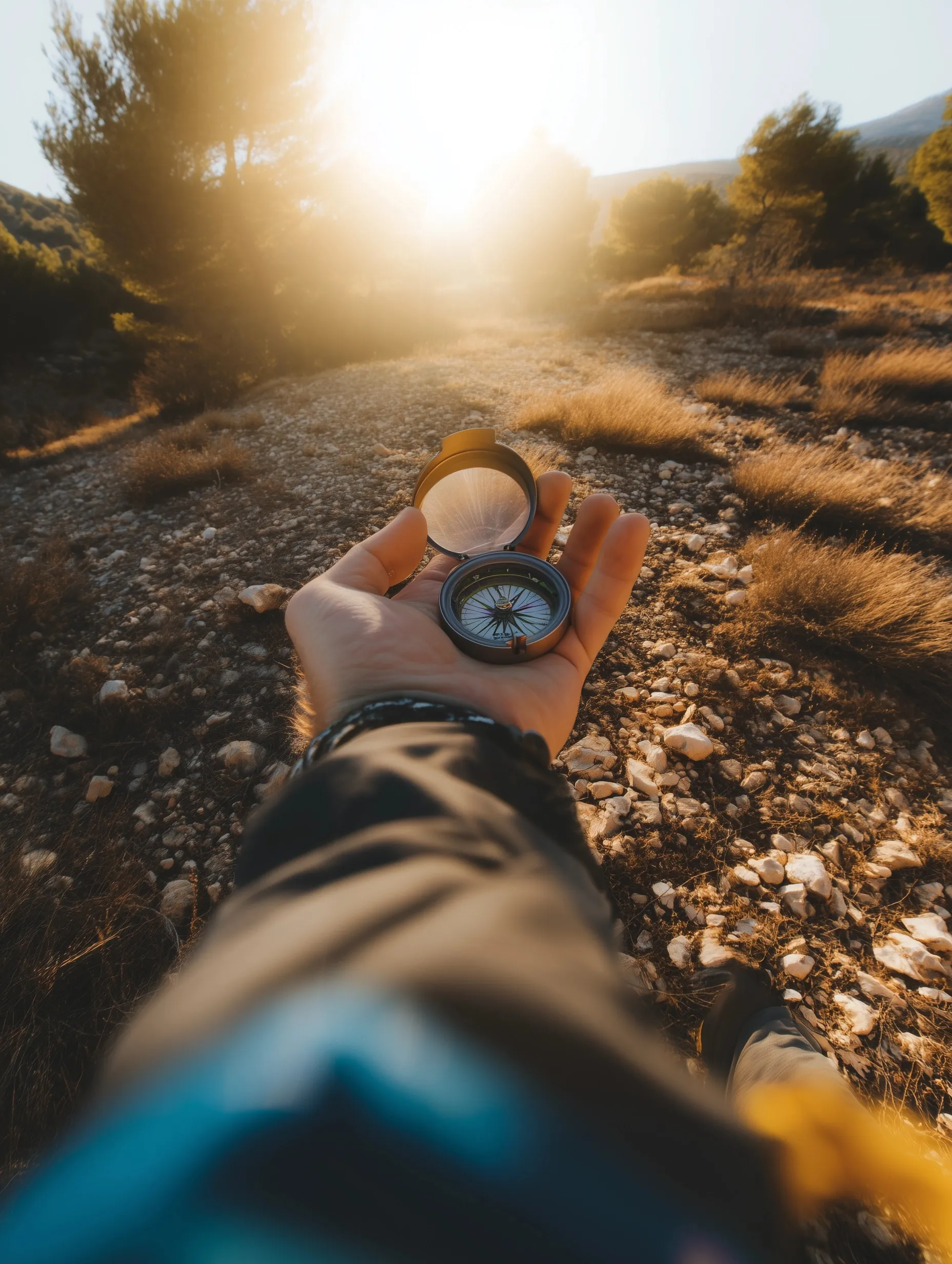 POV hiking shot in Almería mountains with a compass in hand, featuring golden sunlight and modern outdoor gear.
