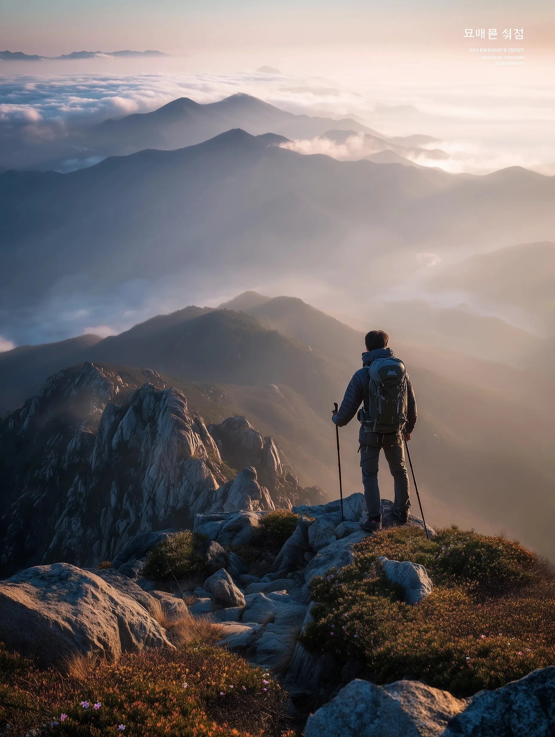 A hiker standing on the Seoraksan Mountain summit at sunrise, wearing technical outdoor gear and holding trekking poles.