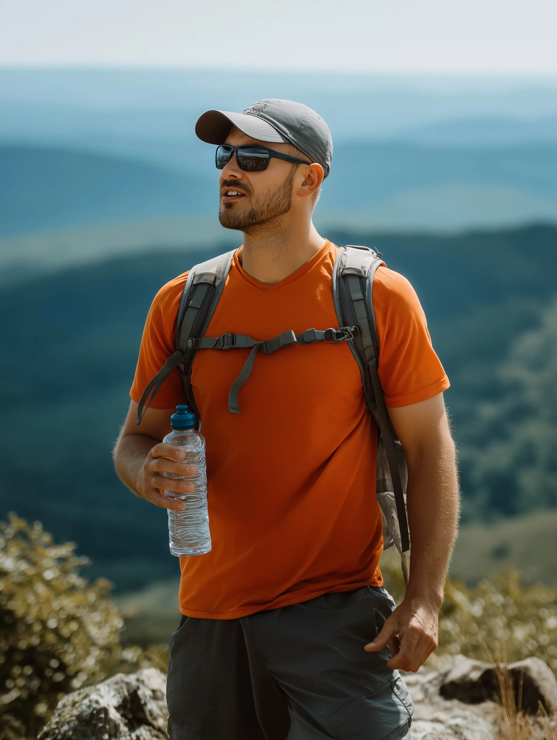 A man in orange and green hiking gear standing in the Western Pennsylvania mountains with a water bottle.