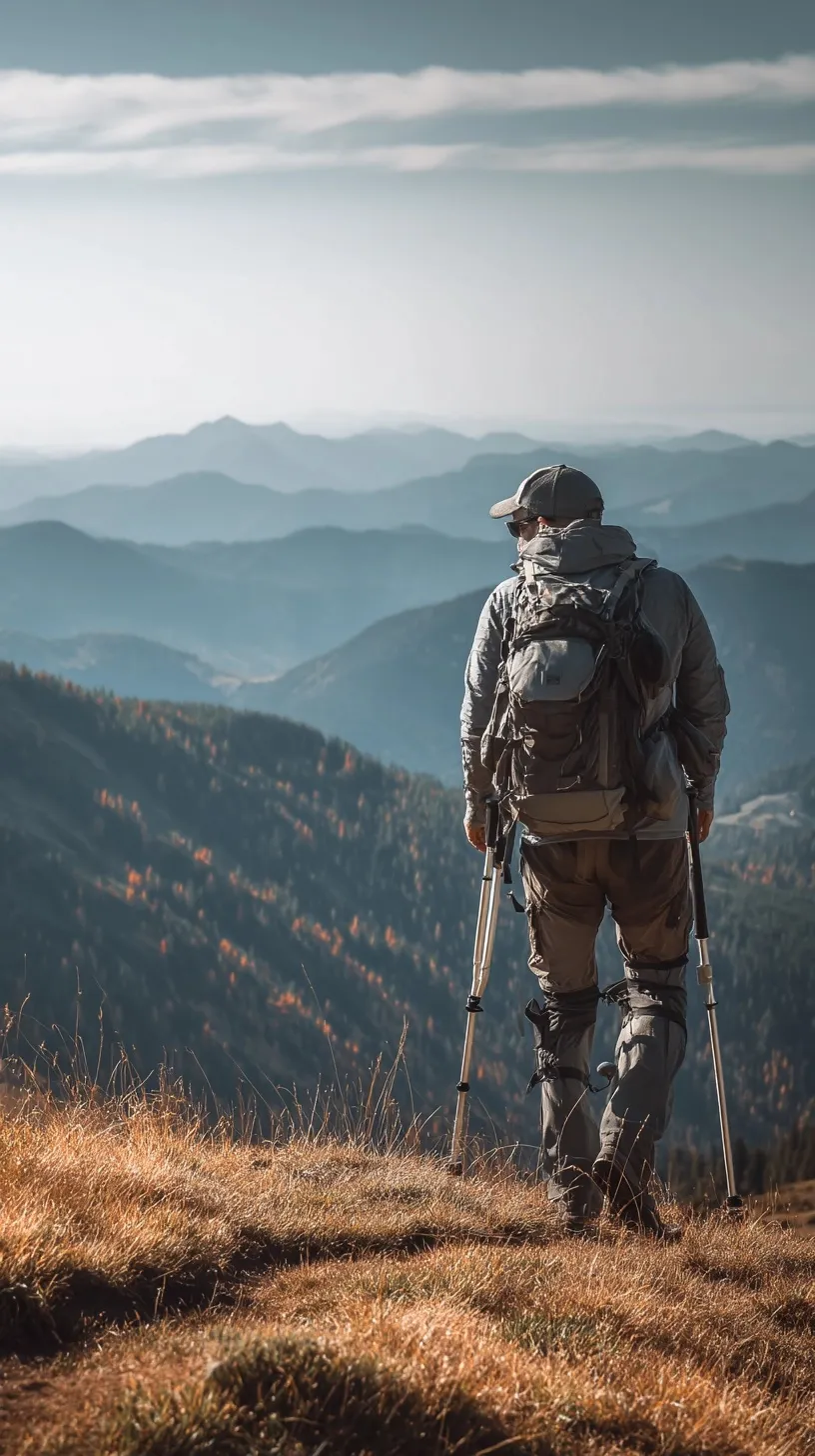 A hiker with crutches and walking sticks stands on a mountain peak, overlooking a scenic landscape.