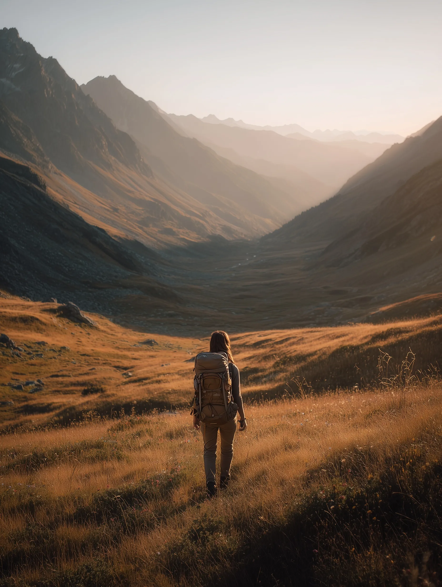 A lone hiker in an alpine valley at sunrise, embodying mindfulness, freedom, and slow travel in nature.