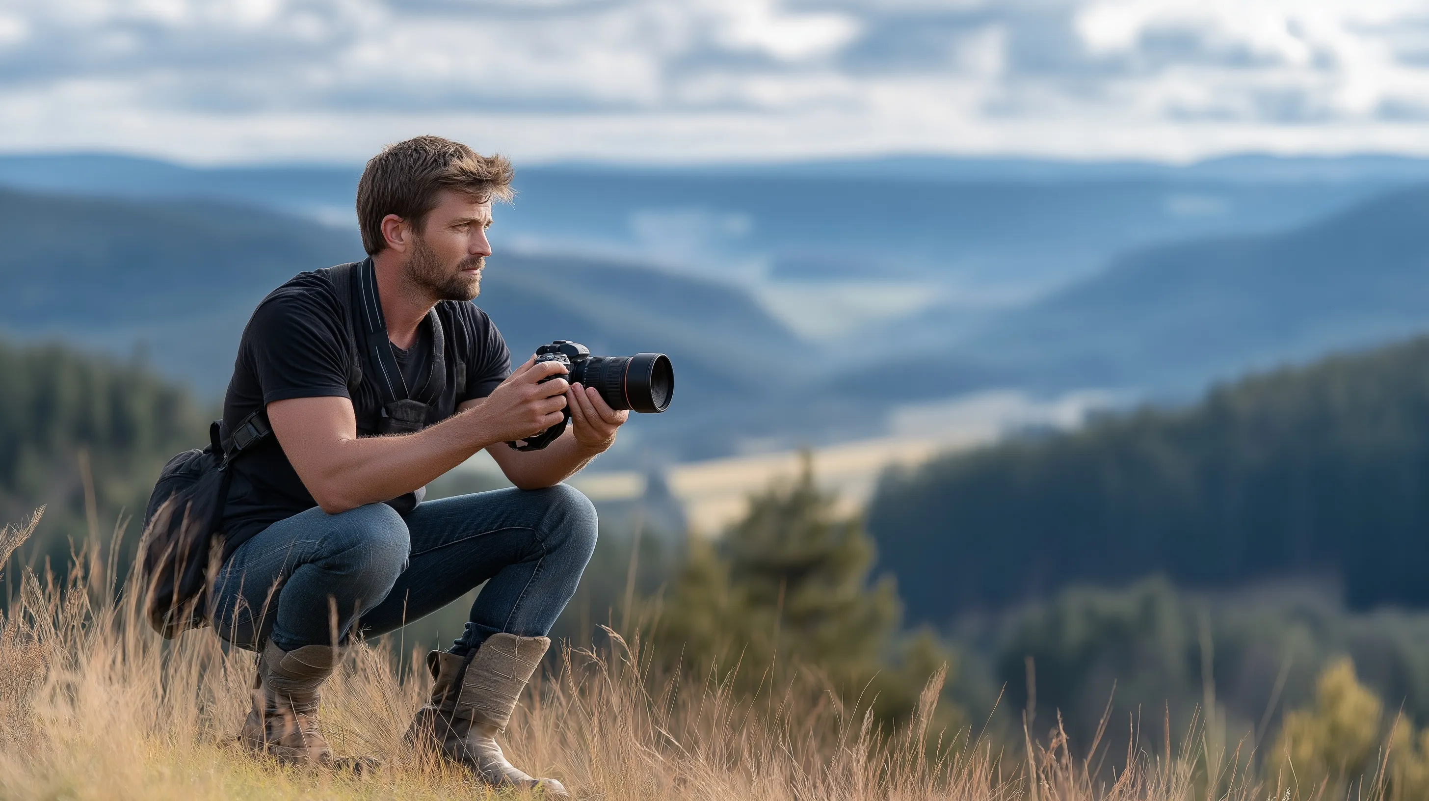Male photographer in casual clothes kneeling to take nature photos in a lush green forest field.