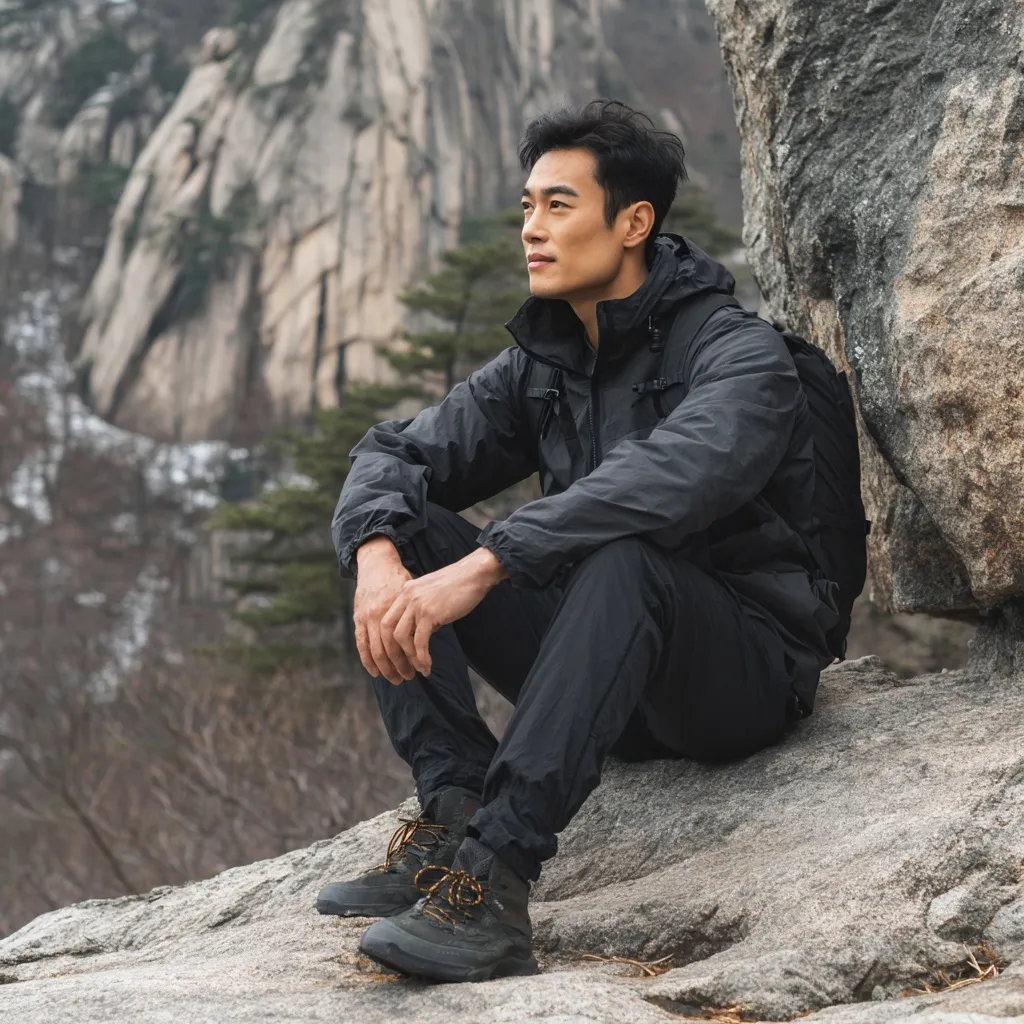 Korean male mountaineer in black hiking joggers sitting on a mountain rock, side view with realistic fabric folds.