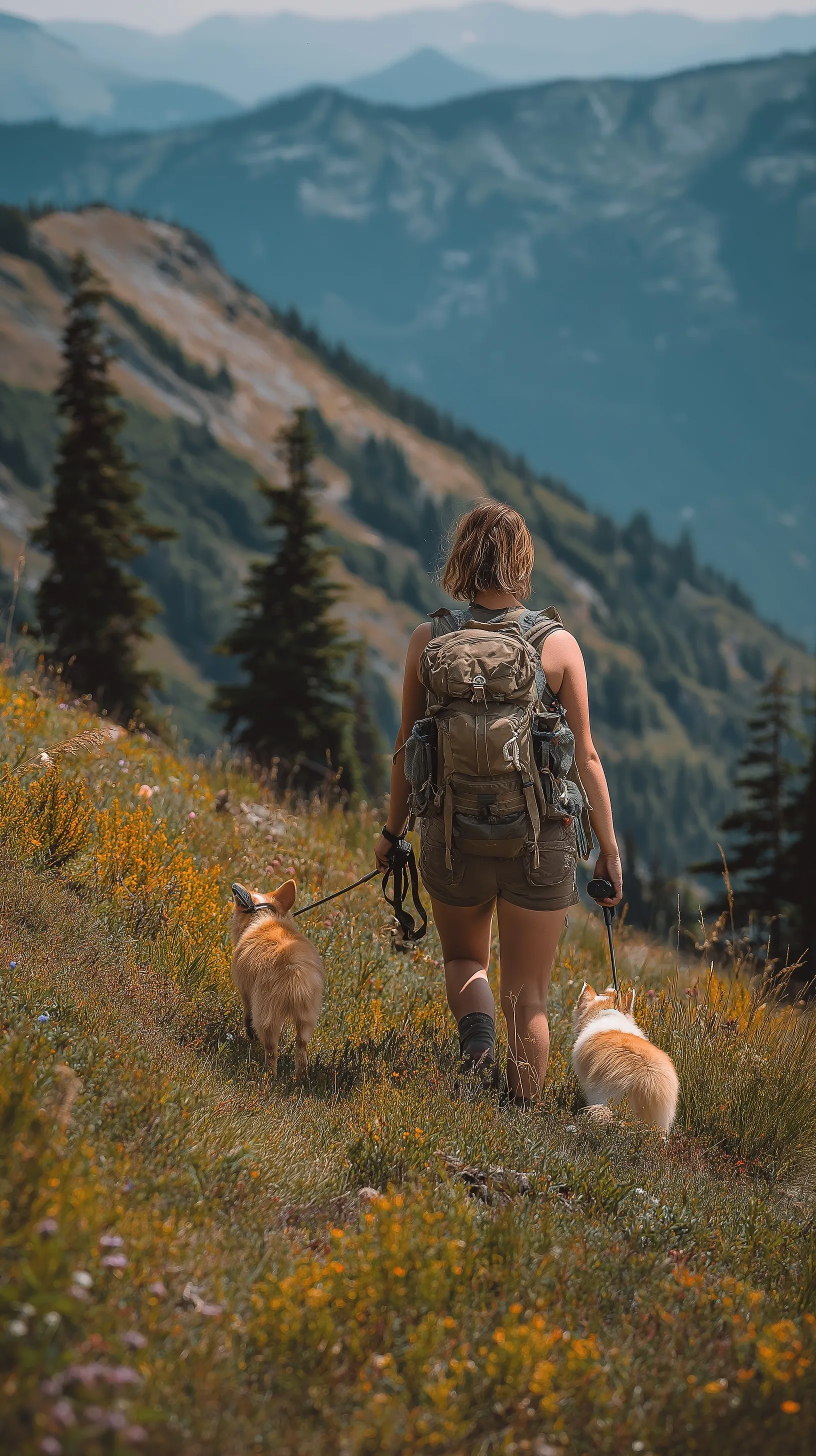 A hiker with cats and two orange chihuahuas walking on a mountain trail, captured in a realistic outdoor style.