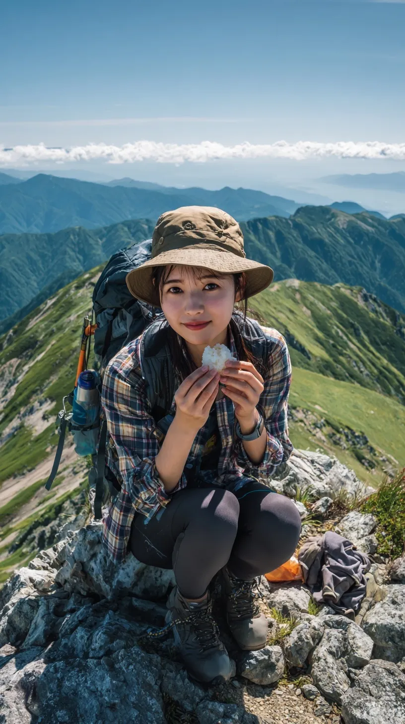 A young Japanese hiker in mountain gear eating an onigiri while resting at a sunny summer mountain summit.