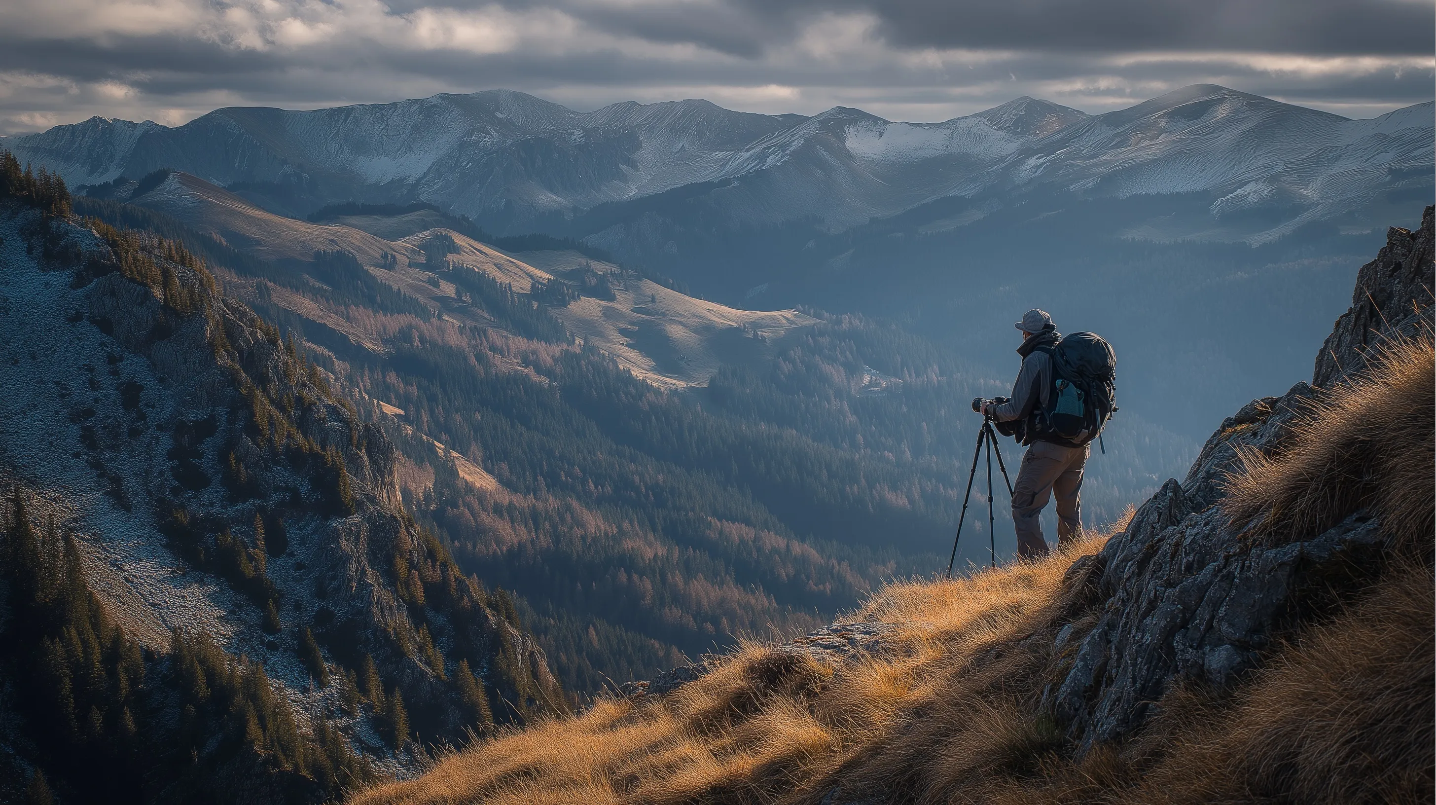 Professional photographer using a Canon camera for hiking photography poses in a scenic nature setting.