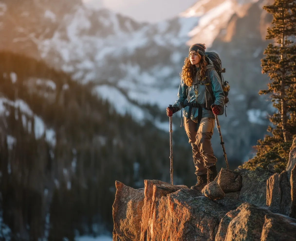 A mountaineer in blue gear stands on a rocky cliff holding trekking poles, backdropped by snow-capped mountains.