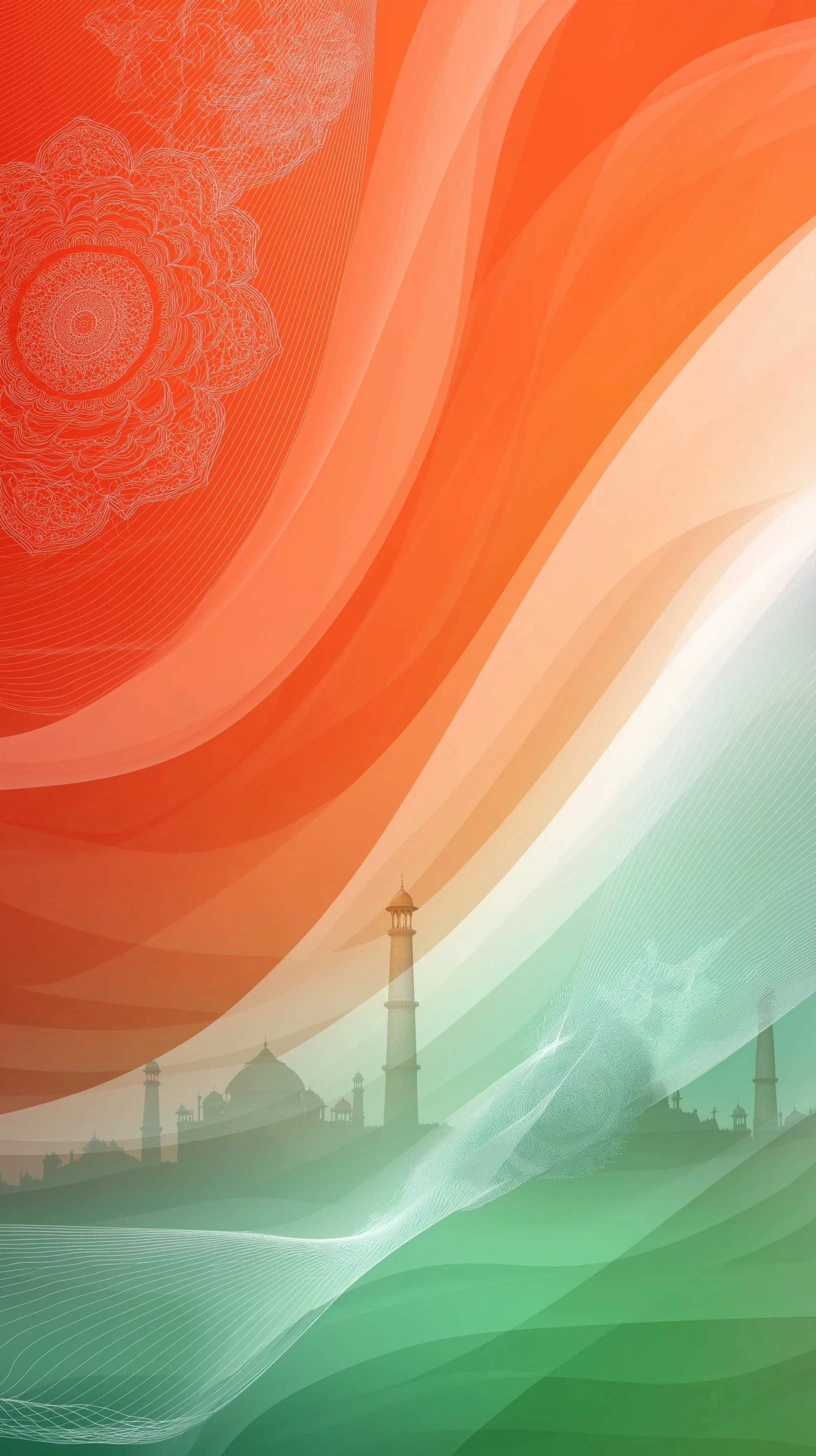 Abstract Indian flag background with saffron, white, and green waves, traditional patterns, and iconic landmarks.