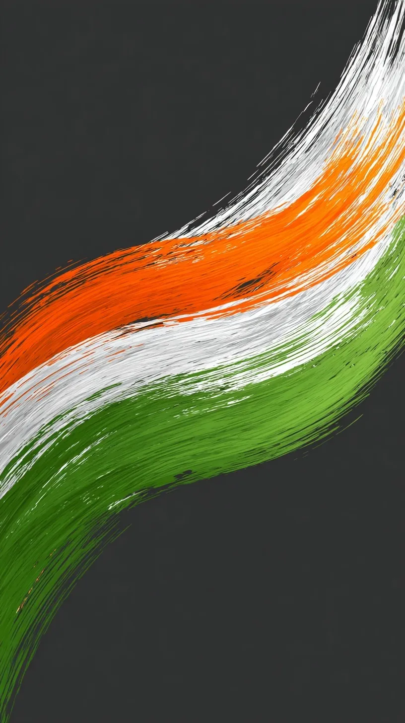 Minimalist Indian flag wallpaper with vibrant saffron, white, and green brush strokes on a neutral background.