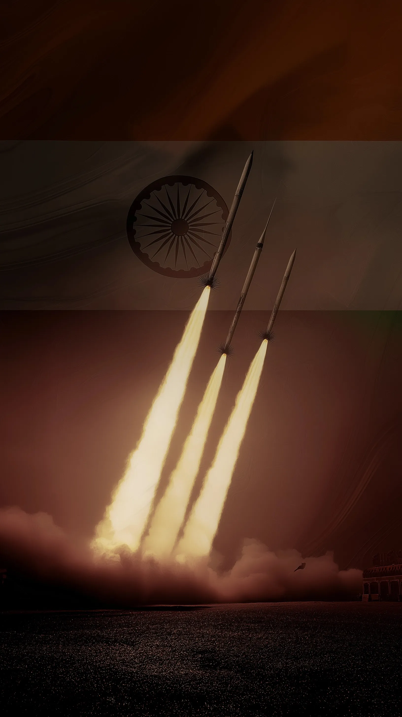Missile launch graphic with a subtle Indian flag background, high-definition patriotic defense concept.