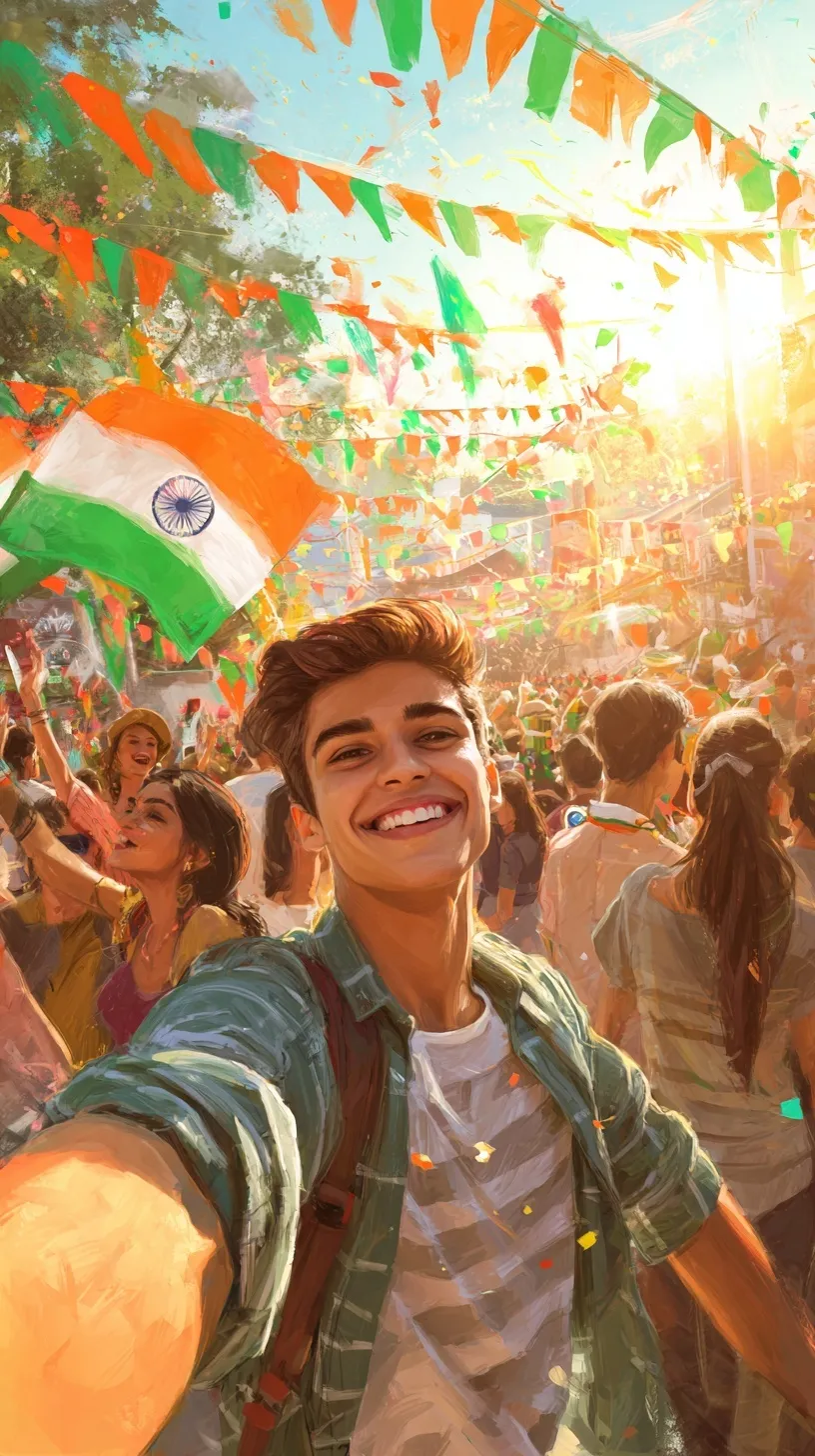 A group of friends taking a selfie with the Indian national flag during a vibrant Independence Day celebration.