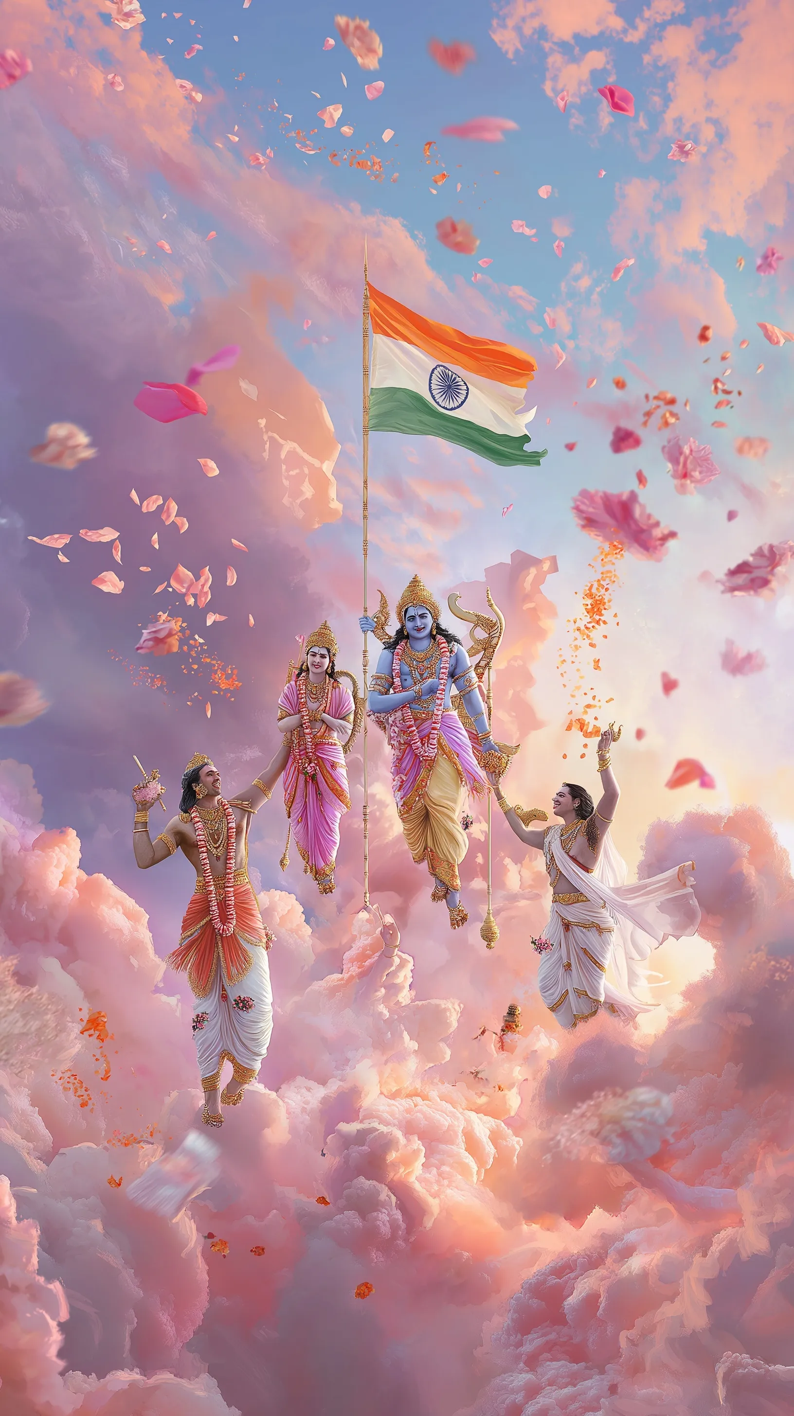 Hindu deities showering flowers on the Indian flag for Independence Day, hyper-realistic 4K digital art.