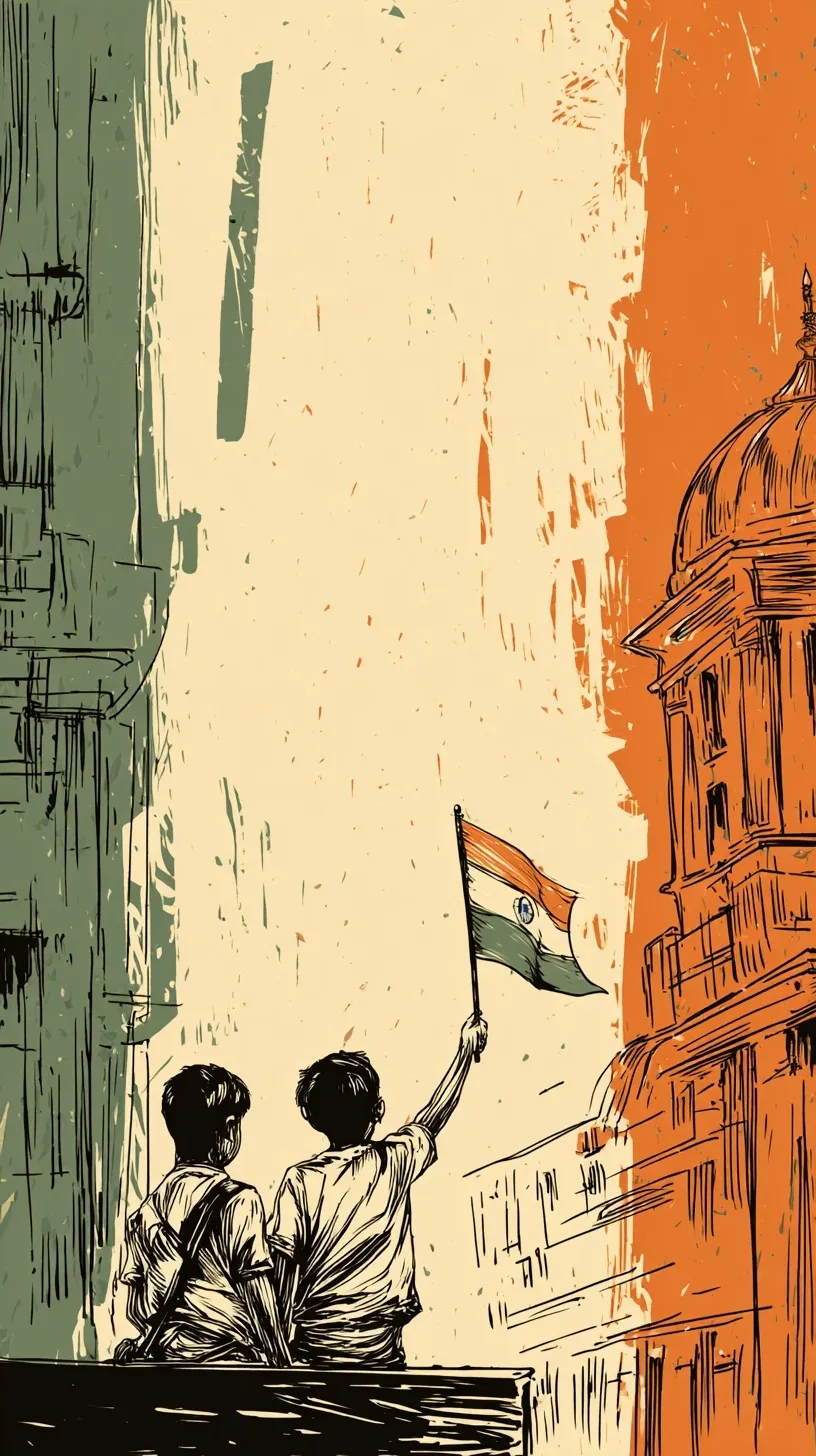 Two young boys waving Indian flags in a minimal, architectural-inspired Independence Day poster.