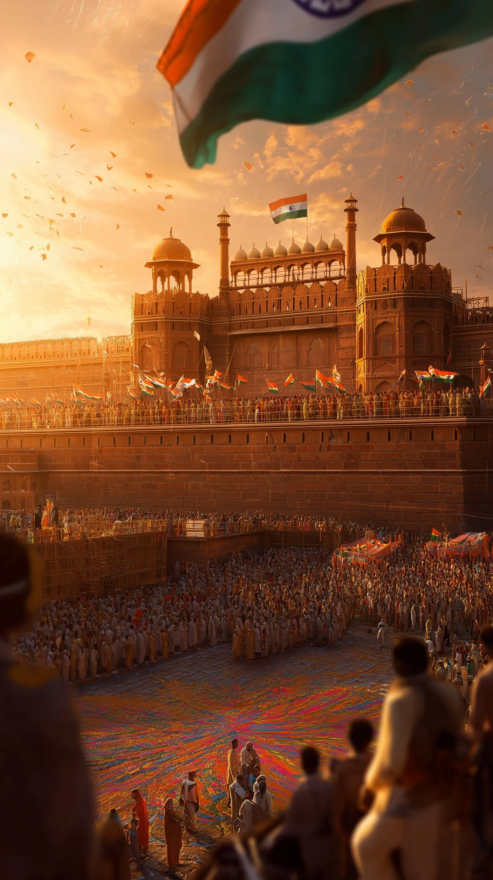 Indian flag fluttering at the Red Fort during 78th Independence Day celebrations with a vibrant crowd.